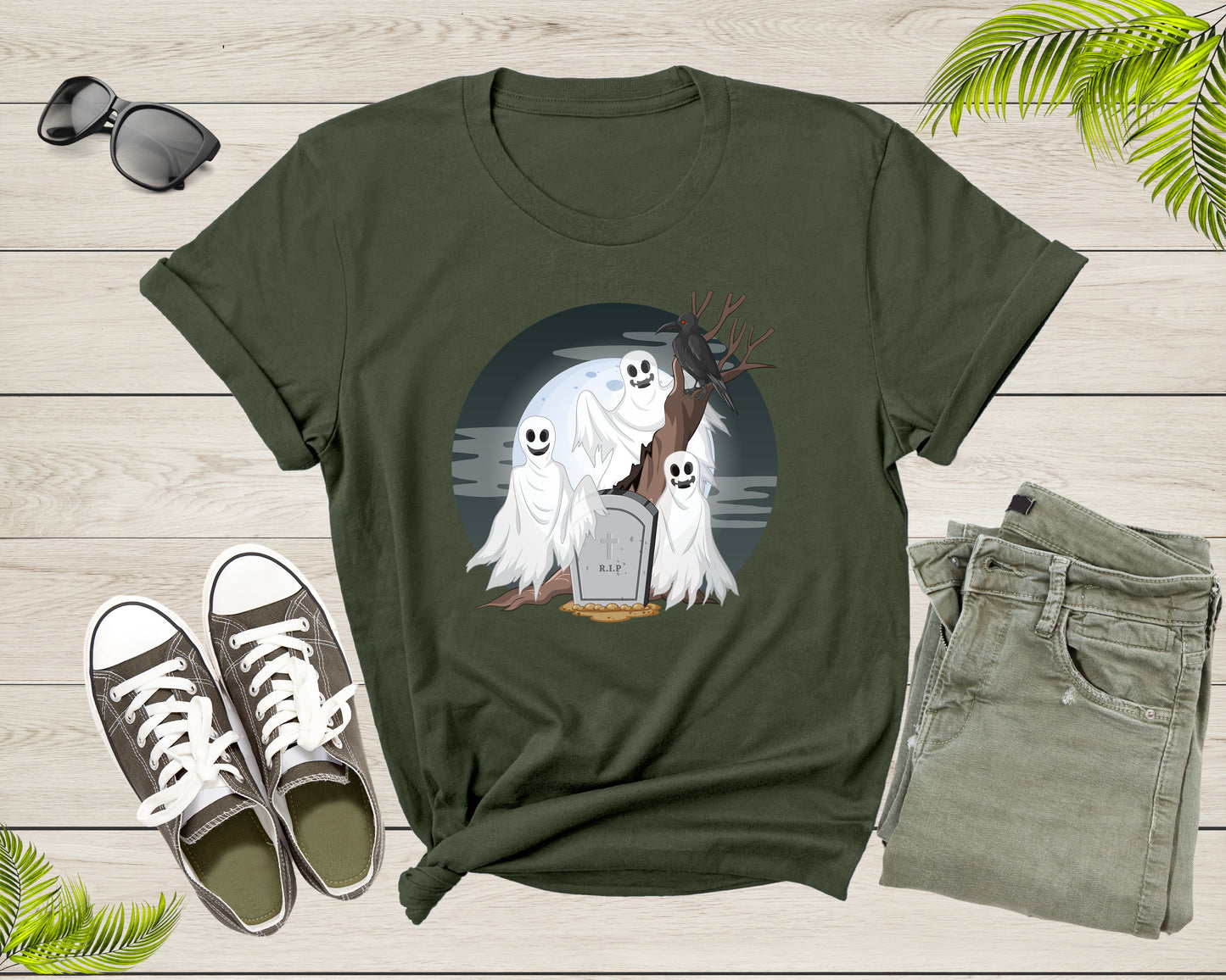 Spooky Eerie Halloween Ghosts Phantoms Crow Raven Grave Moon T-Shirt Halloween Lover Gift T Shirt for Men Women Kids Boys Girls Tshirt
