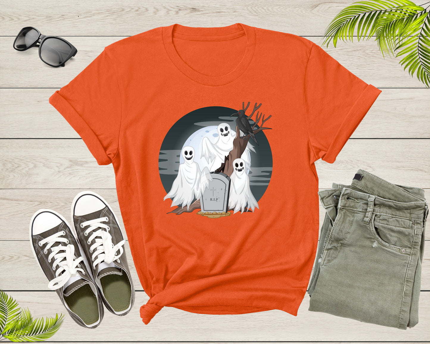 Spooky Eerie Halloween Ghosts Phantoms Crow Raven Grave Moon T-Shirt Halloween Lover Gift T Shirt for Men Women Kids Boys Girls Tshirt