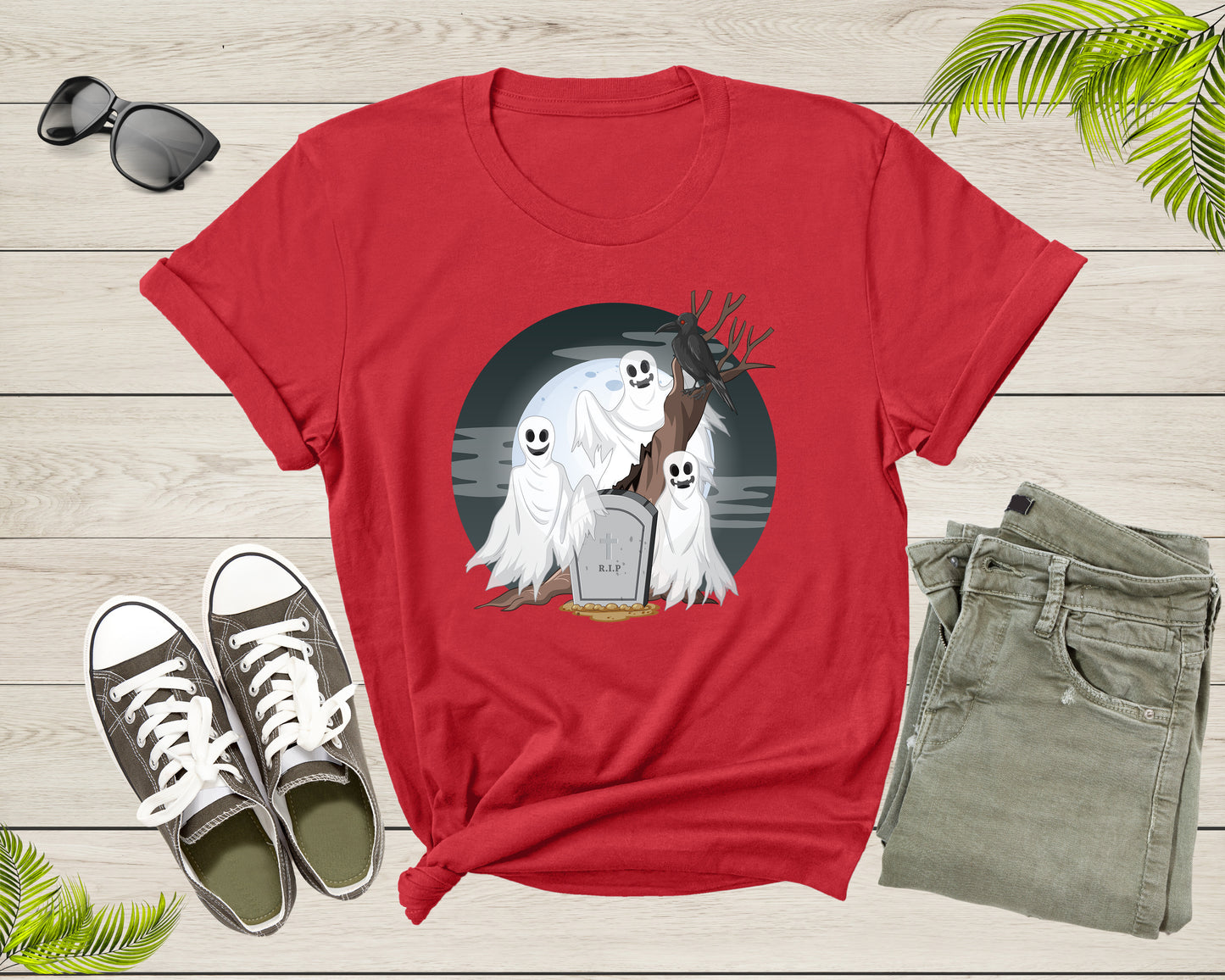 Spooky Eerie Halloween Ghosts Phantoms Crow Raven Grave Moon T-Shirt Halloween Lover Gift T Shirt for Men Women Kids Boys Girls Tshirt