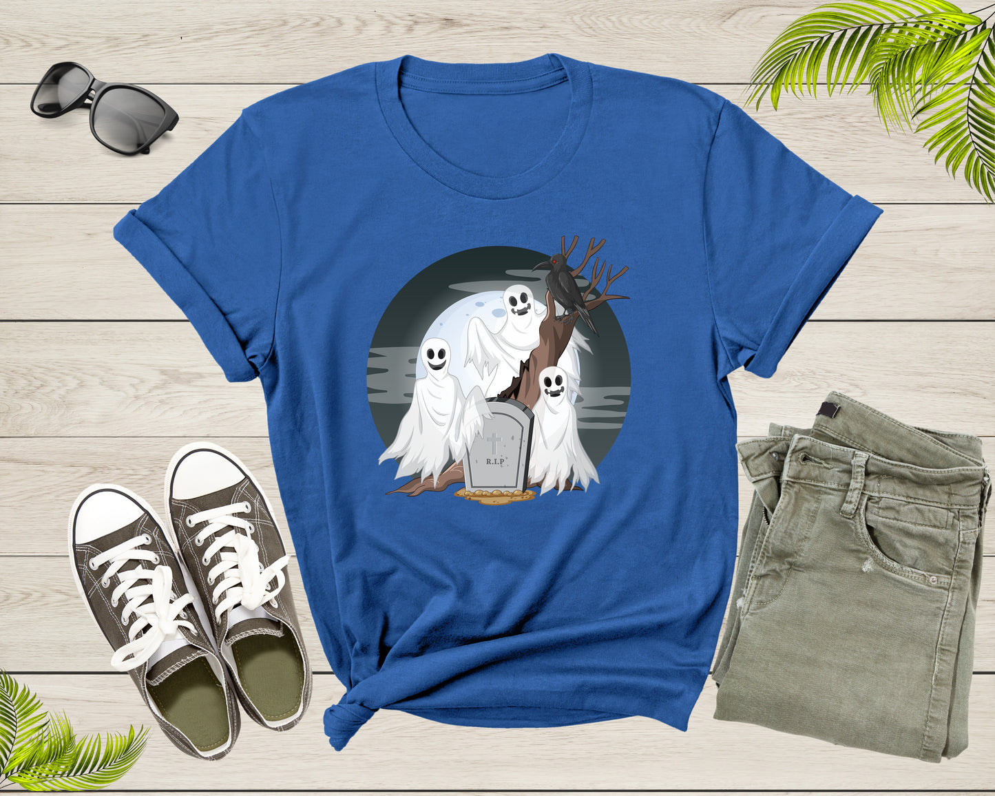 Spooky Eerie Halloween Ghosts Phantoms Crow Raven Grave Moon T-Shirt Halloween Lover Gift T Shirt for Men Women Kids Boys Girls Tshirt