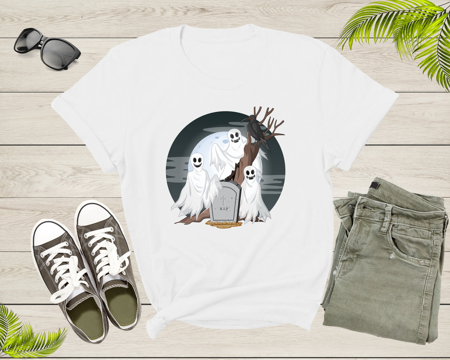 Spooky Eerie Halloween Ghosts Phantoms Crow Raven Grave Moon T-Shirt Halloween Lover Gift T Shirt for Men Women Kids Boys Girls Tshirt