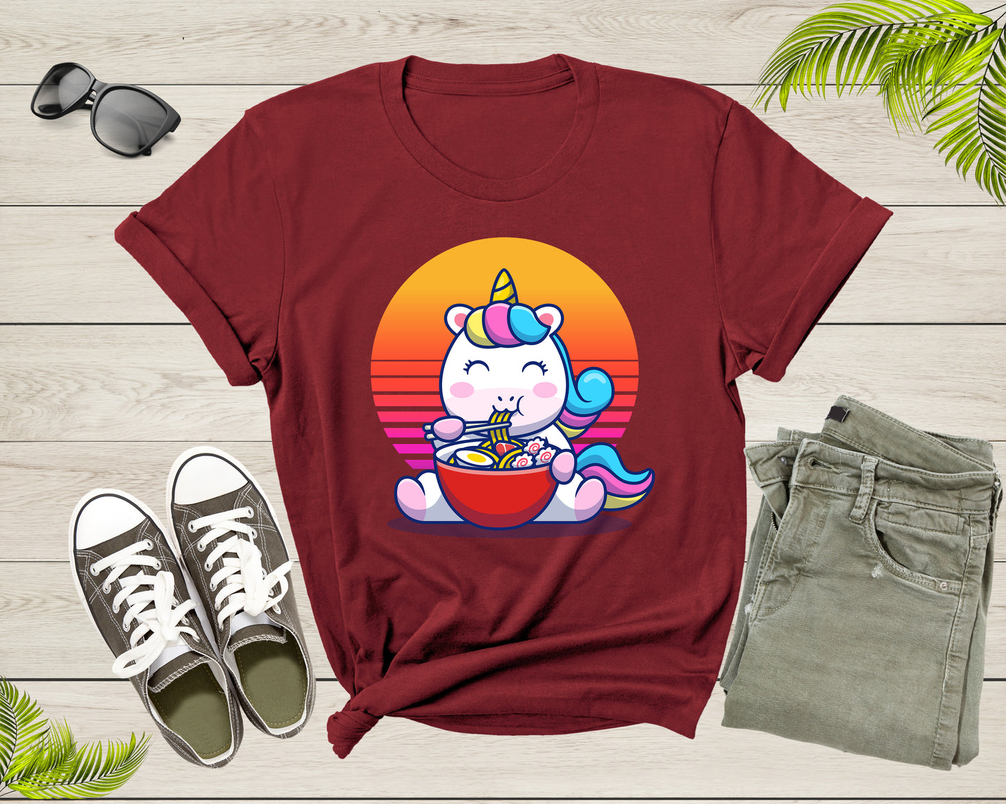 Unicorn Character Eating Japanese Ramen Noodle Retro Sunset T-Shirt Japanese Ramen Noodle Foodie Shirt Ramen Lover Gift Noodle Lover Gift