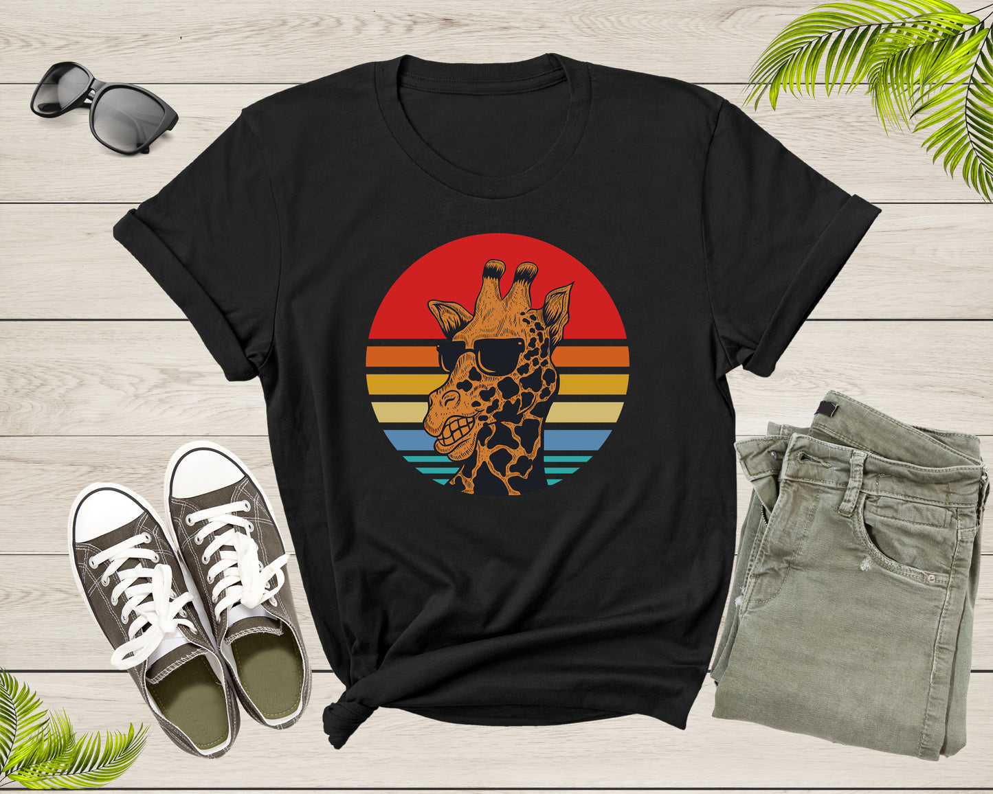 Cool Retro Africa Giraffe Animal with Sun Glasses at Sunset T-Shirt Graphic Giraffe Lover Gift T Shirt for Men Women Boys Girls Tshirt