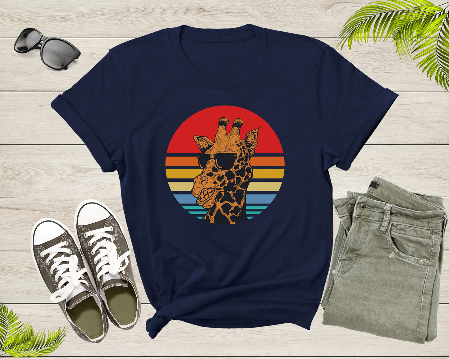 Cool Retro Africa Giraffe Animal with Sun Glasses at Sunset T-Shirt Graphic Giraffe Lover Gift T Shirt for Men Women Boys Girls Tshirt