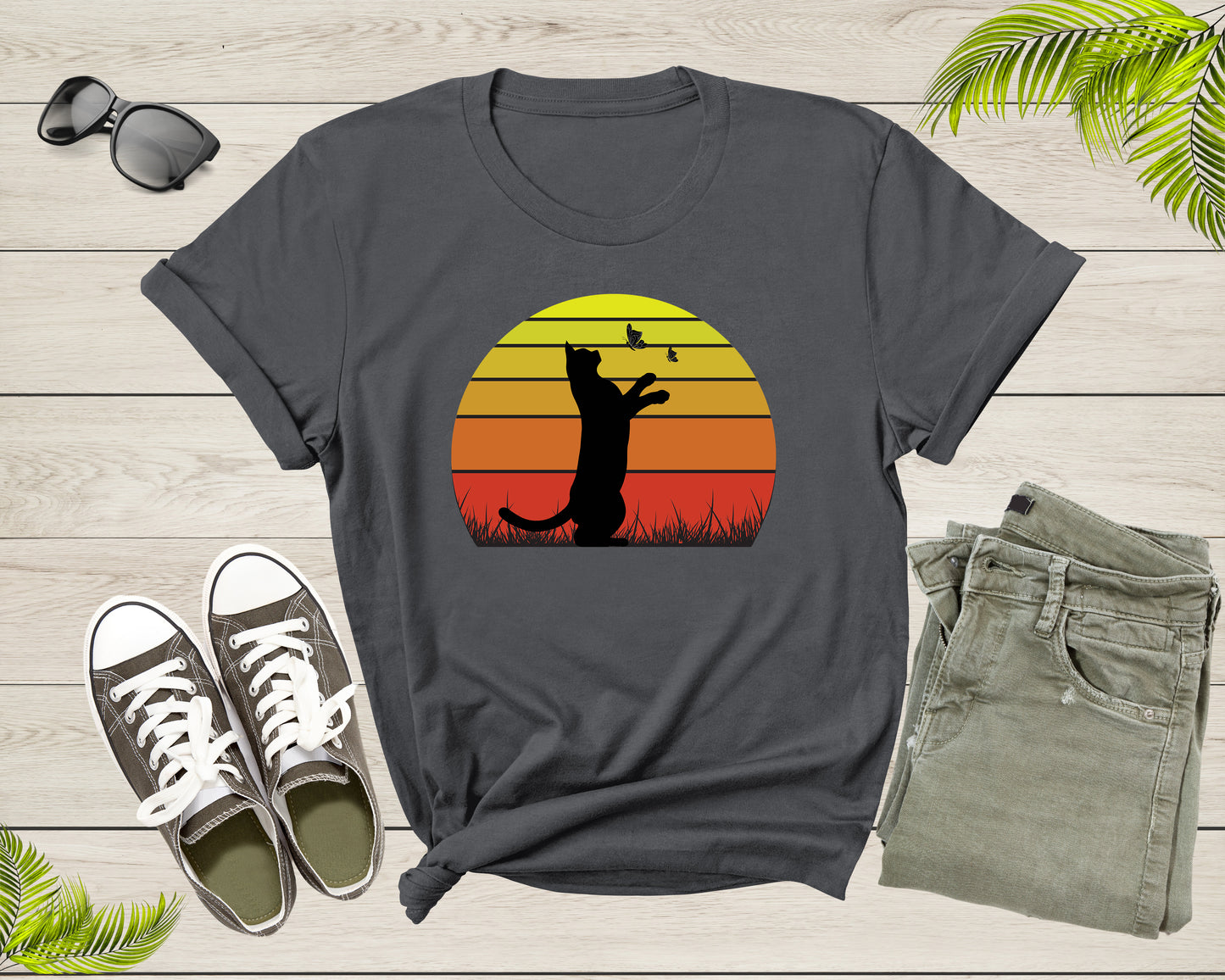 Cute Cat Kitten Animal Playing with Butterfly at Sunset T-Shirt Kitten Cat Owner Lover Gift T Shirt for Men Women Boys Girls Tshirt
