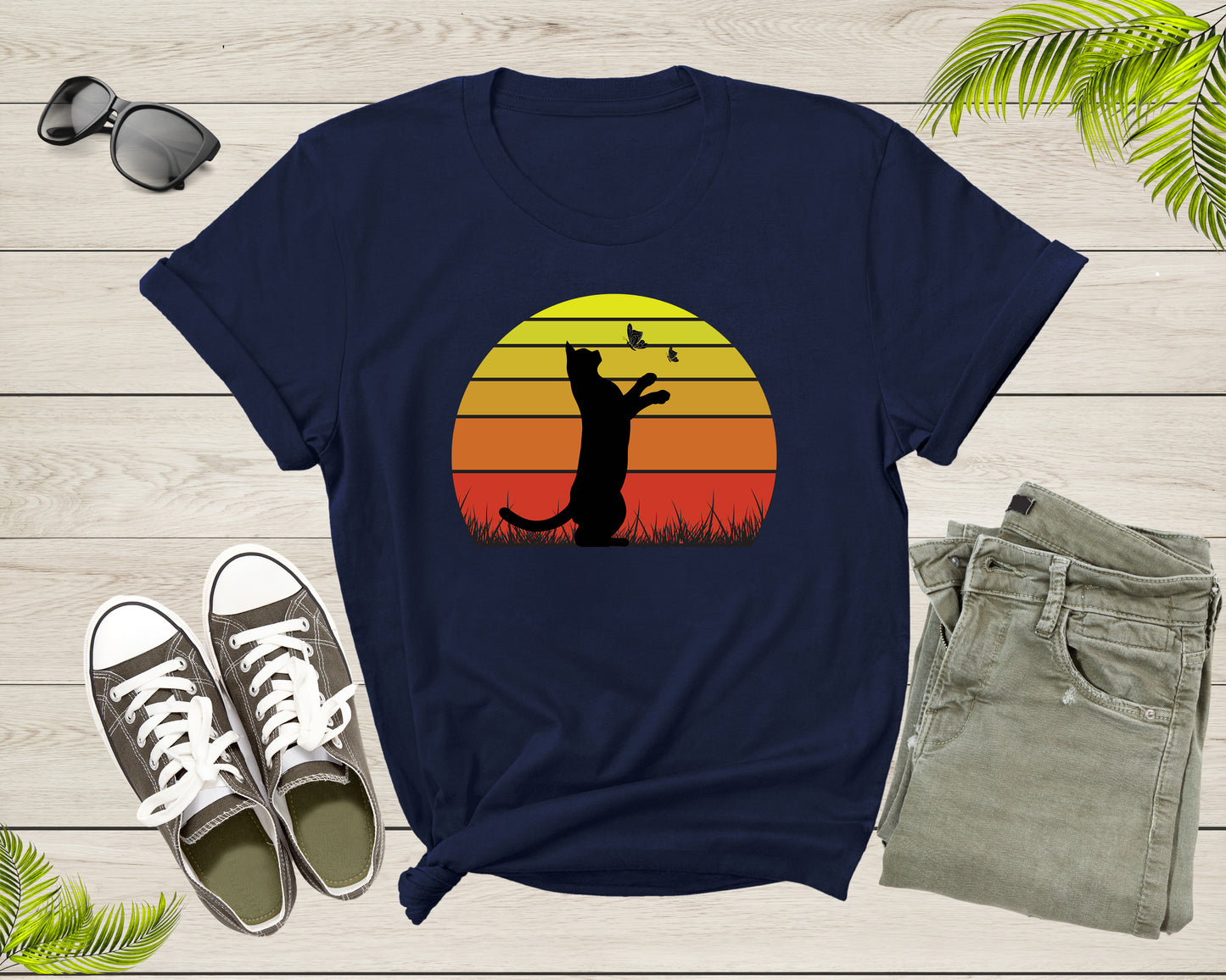 Cute Cat Kitten Animal Playing with Butterfly at Sunset T-Shirt Kitten Cat Owner Lover Gift T Shirt for Men Women Boys Girls Tshirt