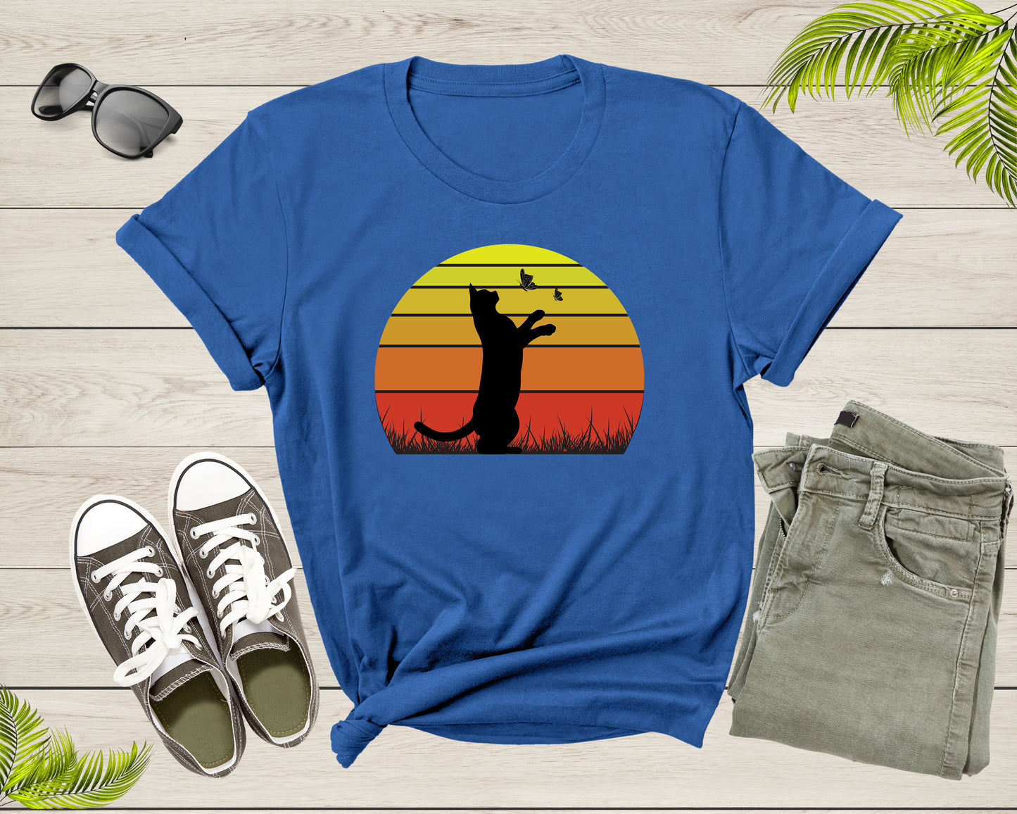 Cute Cat Kitten Animal Playing with Butterfly at Sunset T-Shirt Kitten Cat Owner Lover Gift T Shirt for Men Women Boys Girls Tshirt