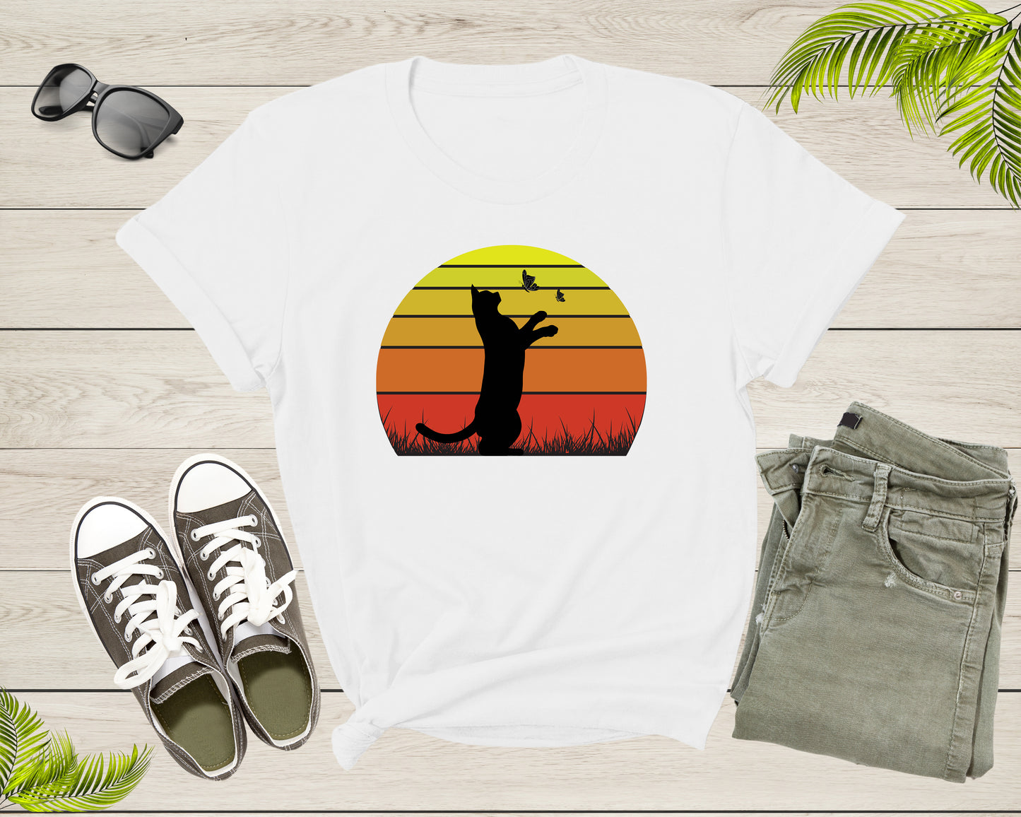 Cute Cat Kitten Animal Playing with Butterfly at Sunset T-Shirt Kitten Cat Owner Lover Gift T Shirt for Men Women Boys Girls Tshirt