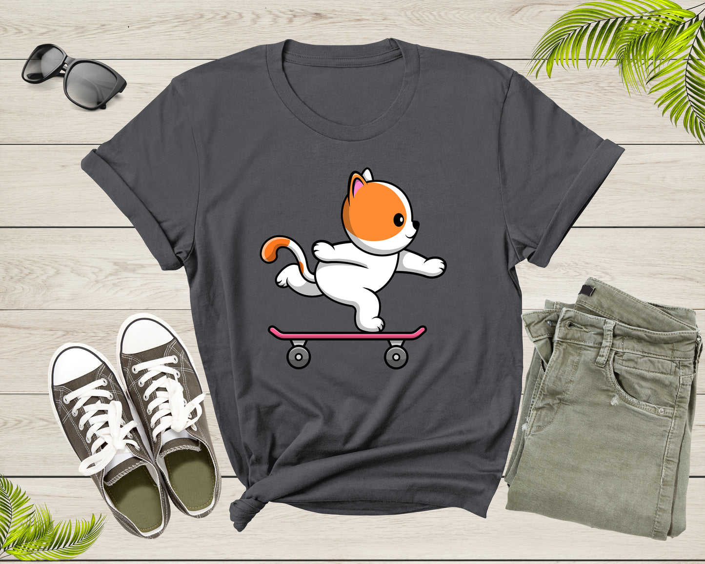 Skateboarding Happy Cat Skateboard Cute Sporty Animal Kitten T-Shirt Skateboarder Cat Lover Gift T Shirt for Men Women Boys Girls Tshirt