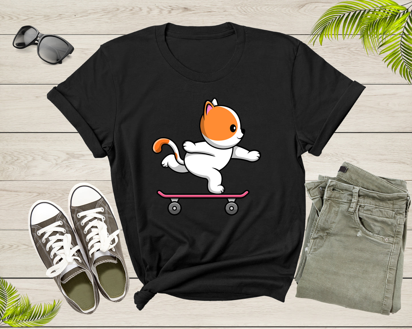 Skateboarding Happy Cat Skateboard Cute Sporty Animal Kitten T-Shirt Skateboarder Cat Lover Gift T Shirt for Men Women Boys Girls Tshirt