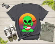 Load image into Gallery viewer, Cute Alien Mascot Eating Japanese Ramen Noodle Retro Sunset T-Shirt UFO Alien Lover Gift Shirt for Men Women Kids Boys Girls Graphic TShirt