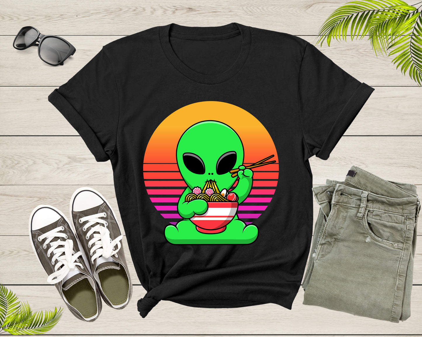 Cute Alien Mascot Eating Japanese Ramen Noodle Retro Sunset T-Shirt UFO Alien Lover Gift Shirt for Men Women Kids Boys Girls Graphic TShirt