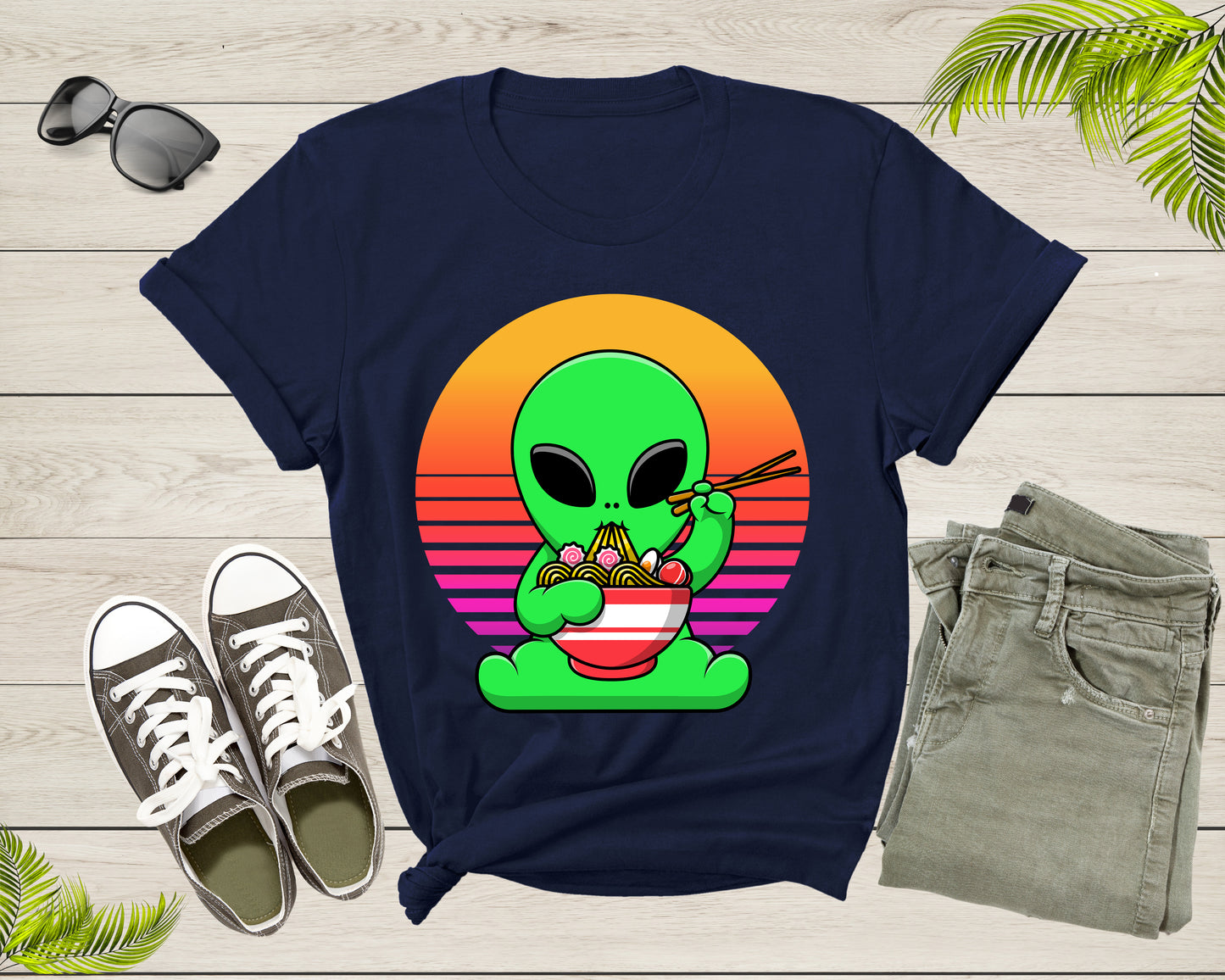 Cute Alien Mascot Eating Japanese Ramen Noodle Retro Sunset T-Shirt UFO Alien Lover Gift Shirt for Men Women Kids Boys Girls Graphic TShirt