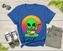 Load image into Gallery viewer, Cute Alien Mascot Eating Japanese Ramen Noodle Retro Sunset T-Shirt UFO Alien Lover Gift Shirt for Men Women Kids Boys Girls Graphic TShirt