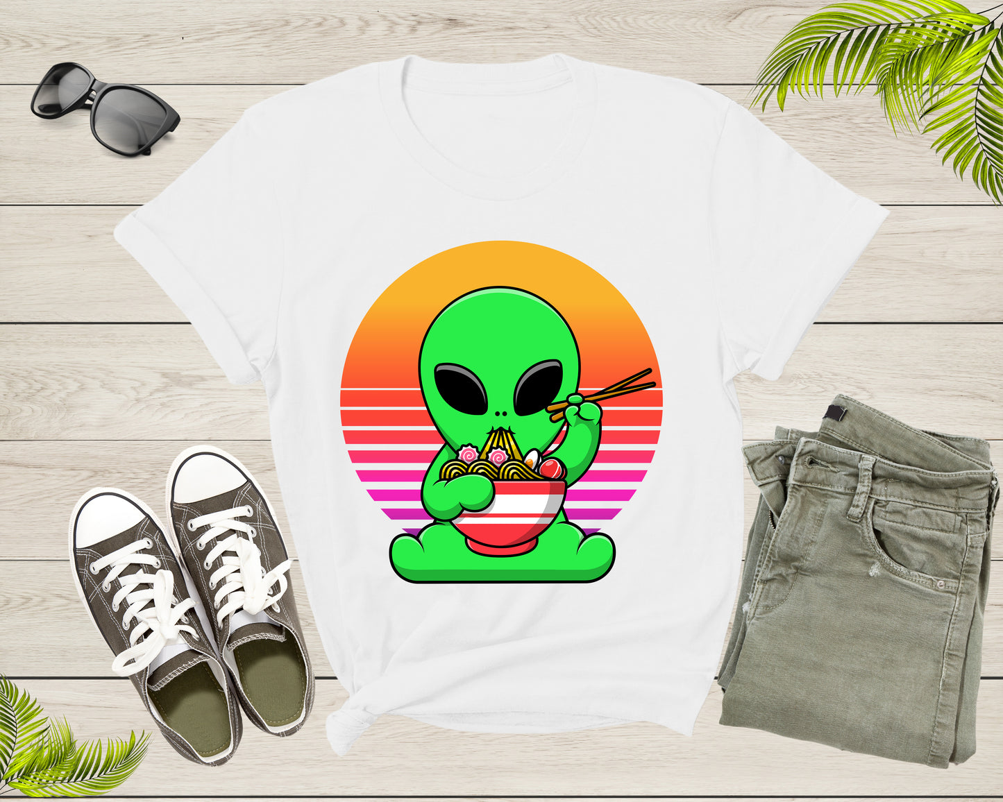 Cute Alien Mascot Eating Japanese Ramen Noodle Retro Sunset T-Shirt UFO Alien Lover Gift Shirt for Men Women Kids Boys Girls Graphic TShirt