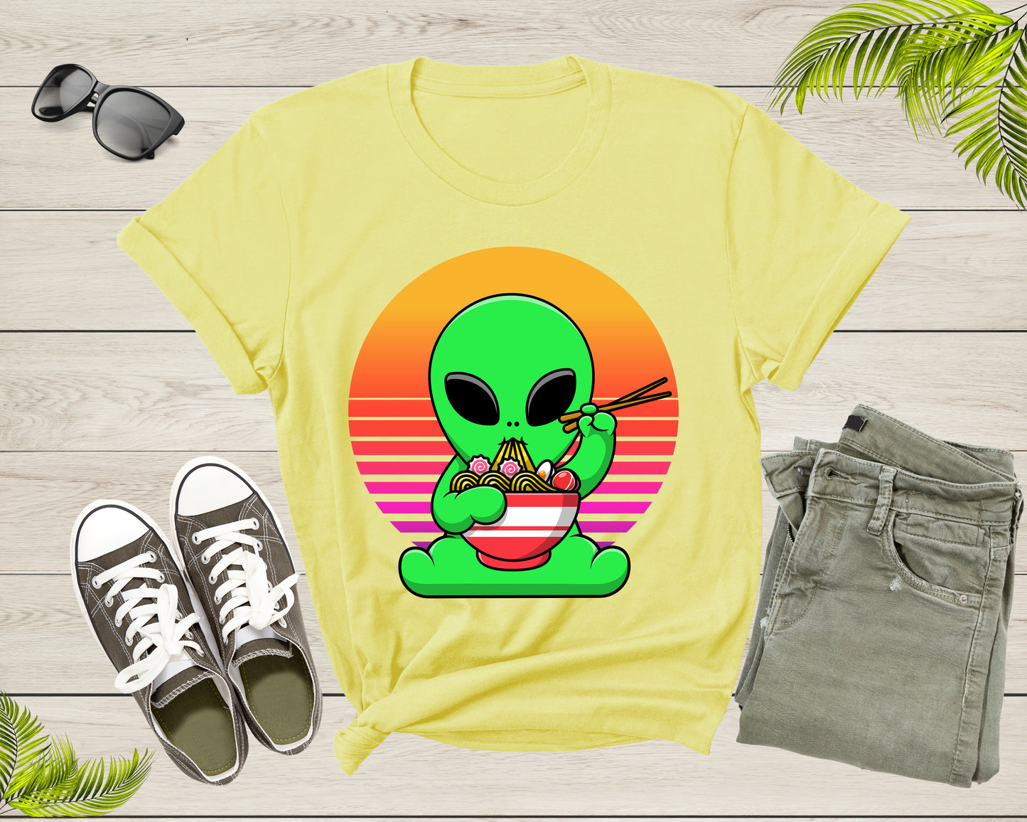 Cute Alien Mascot Eating Japanese Ramen Noodle Retro Sunset T-Shirt UFO Alien Lover Gift Shirt for Men Women Kids Boys Girls Graphic TShirt