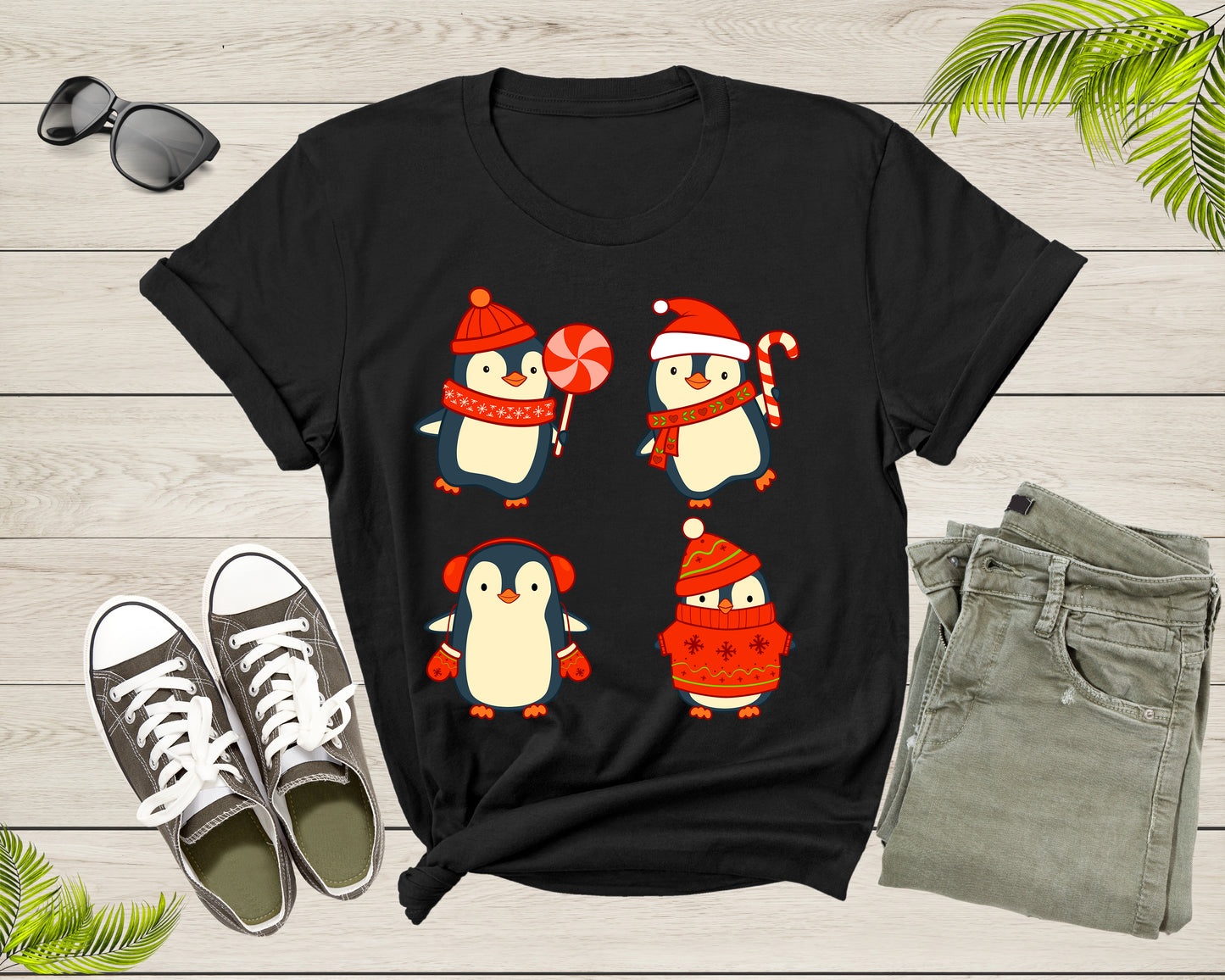 Cute Christmas Penguins Candy Canes Mittens Xmas Art Design T-Shirt Penguin Lover Gift T Shirt for Men Women Kids Boys Girls Graphic TShirt