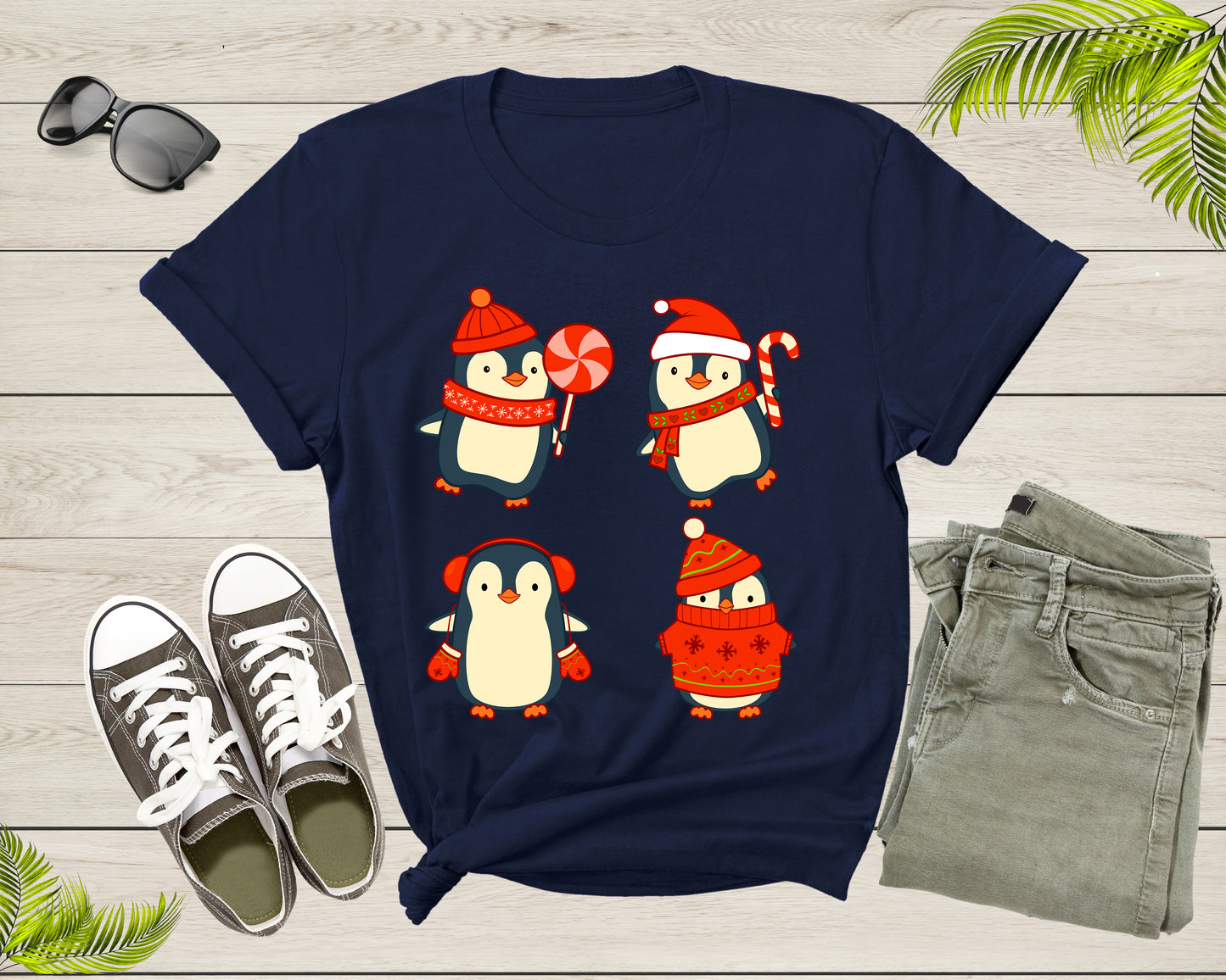 Cute Christmas Penguins Candy Canes Mittens Xmas Art Design T-Shirt Penguin Lover Gift T Shirt for Men Women Kids Boys Girls Graphic TShirt