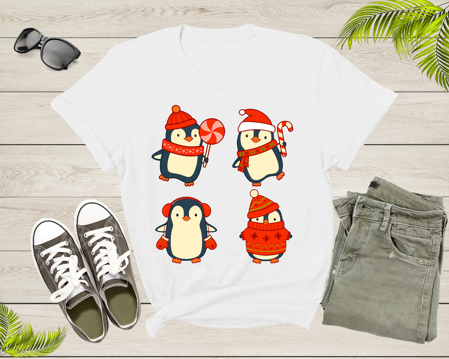 Cute Christmas Penguins Candy Canes Mittens Xmas Art Design T-Shirt Penguin Lover Gift T Shirt for Men Women Kids Boys Girls Graphic TShirt