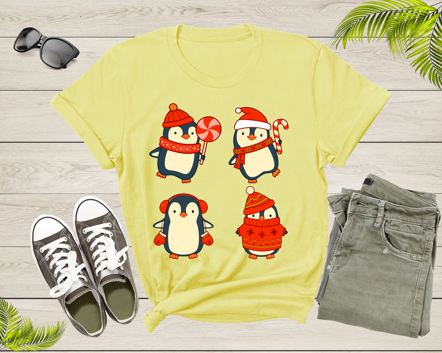Cute Christmas Penguins Candy Canes Mittens Xmas Art Design T-Shirt Penguin Lover Gift T Shirt for Men Women Kids Boys Girls Graphic TShirt