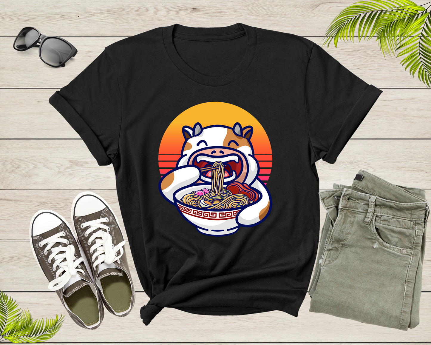 Cute Cow Mascot Eating Japanese Ramen Noodle Retro Sunset T-Shirt Ramen Lover Gift T Shirt for Men Women Kids Boys Girls Graphic Tshirt