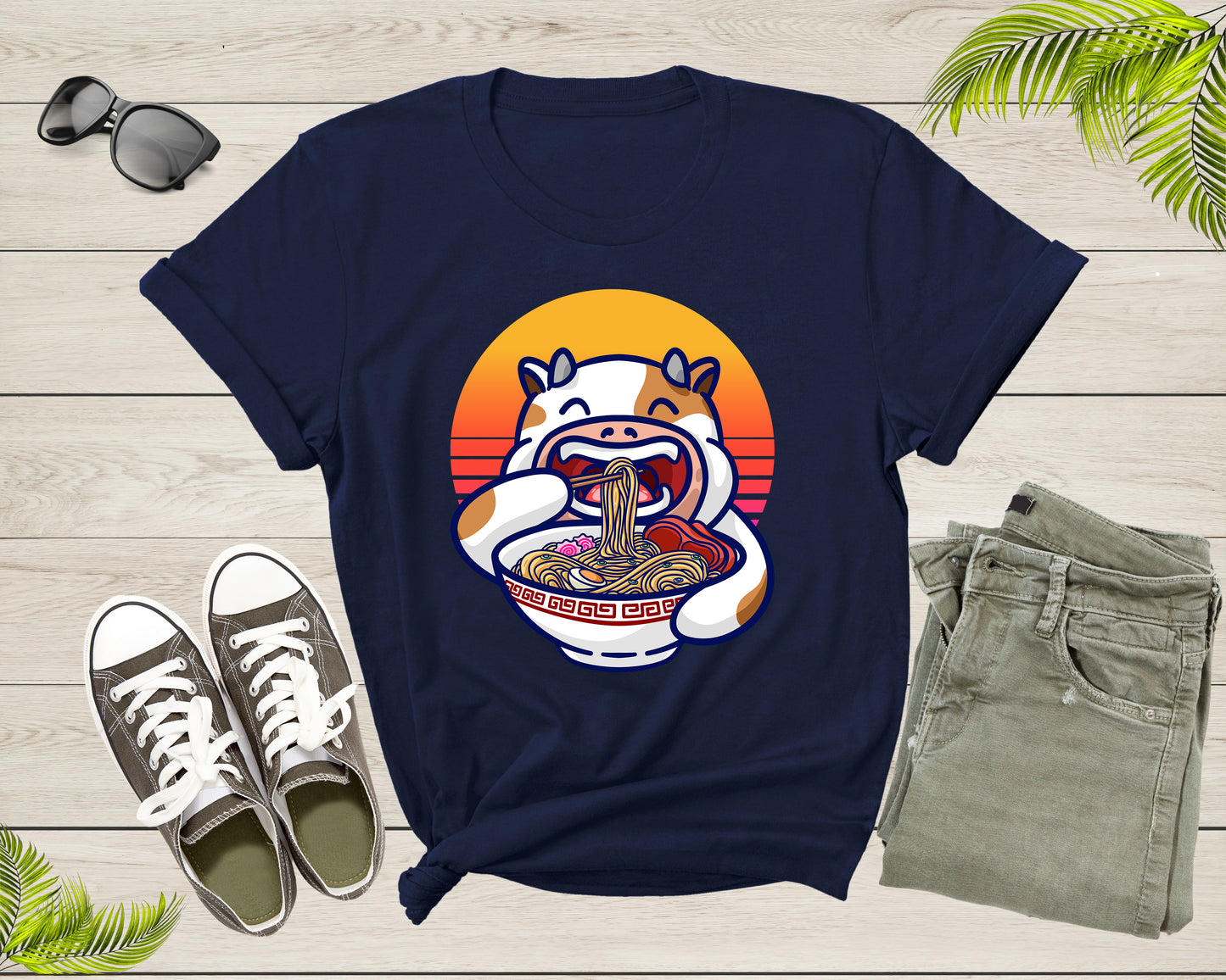Cute Cow Mascot Eating Japanese Ramen Noodle Retro Sunset T-Shirt Ramen Lover Gift T Shirt for Men Women Kids Boys Girls Graphic Tshirt