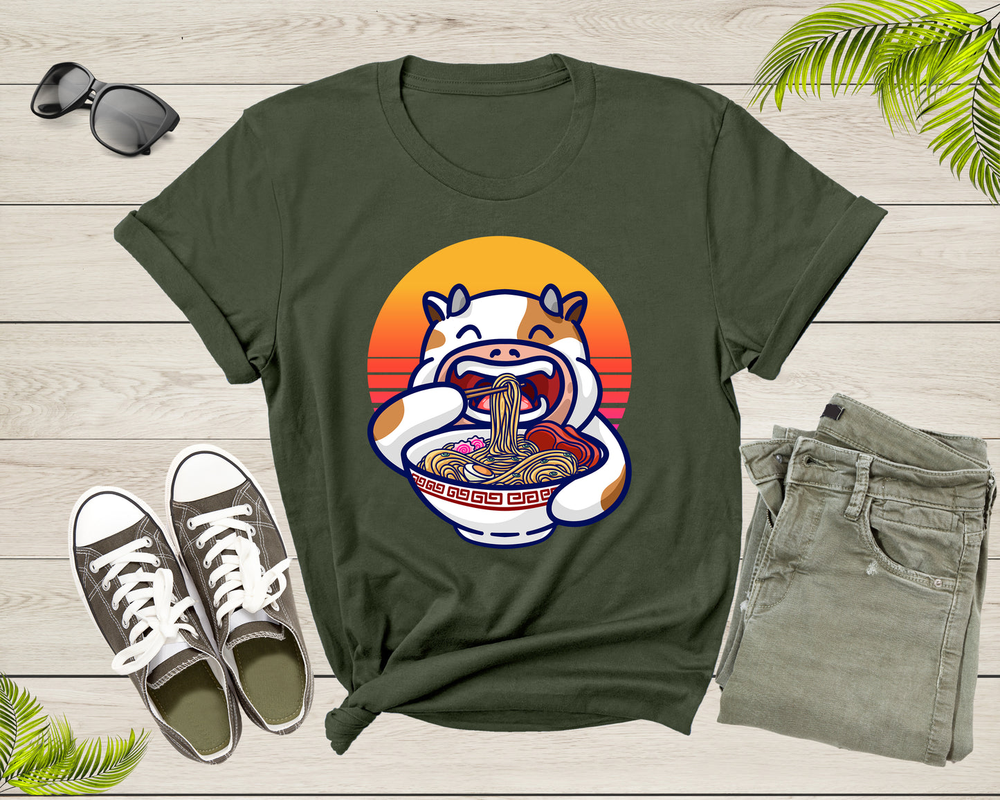 Cute Cow Mascot Eating Japanese Ramen Noodle Retro Sunset T-Shirt Ramen Lover Gift T Shirt for Men Women Kids Boys Girls Graphic Tshirt