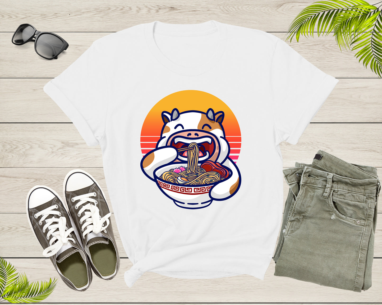 Cute Cow Mascot Eating Japanese Ramen Noodle Retro Sunset T-Shirt Ramen Lover Gift T Shirt for Men Women Kids Boys Girls Graphic Tshirt