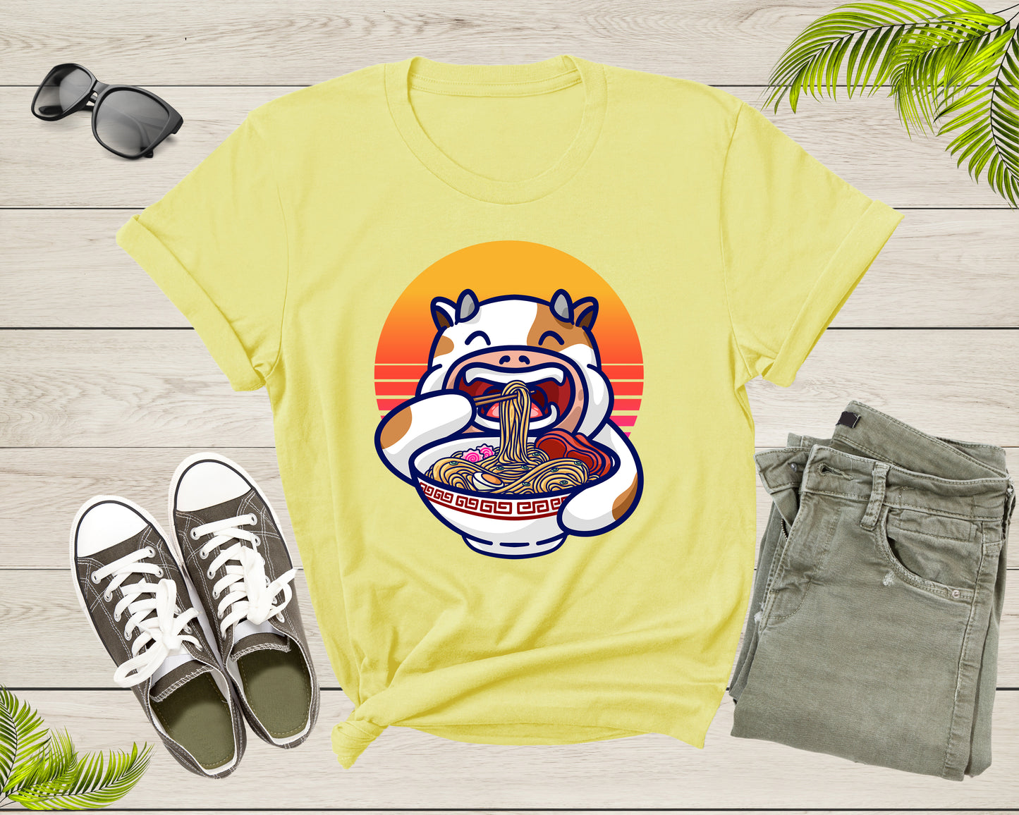 Cute Cow Mascot Eating Japanese Ramen Noodle Retro Sunset T-Shirt Ramen Lover Gift T Shirt for Men Women Kids Boys Girls Graphic Tshirt