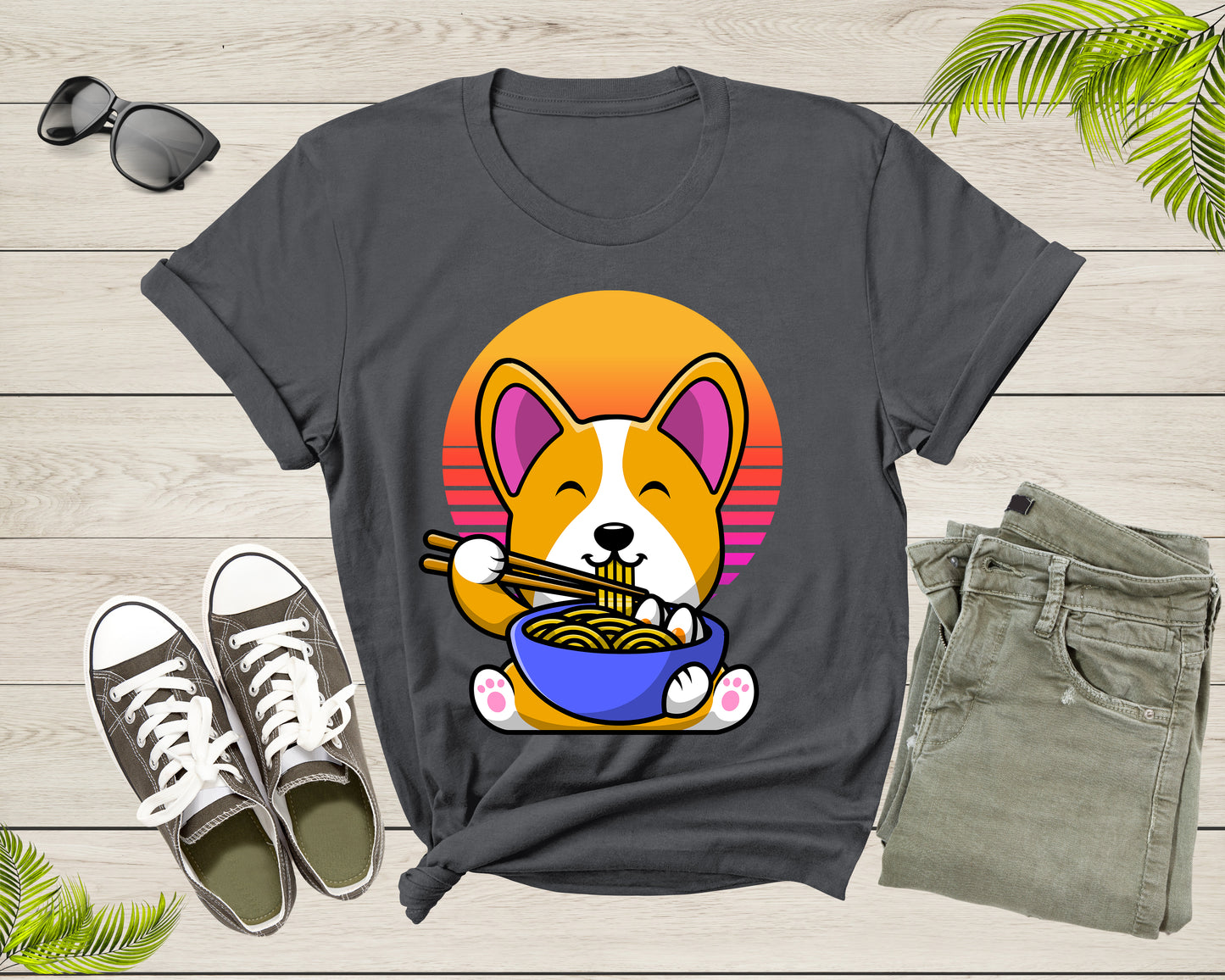 Cute Dog Mascot Eating Japanese Ramen Noodle Retro Sunset T-Shirt Ramen Lover Gift T Shirt for Men Women Kids Boys Girls Graphic Tshirt