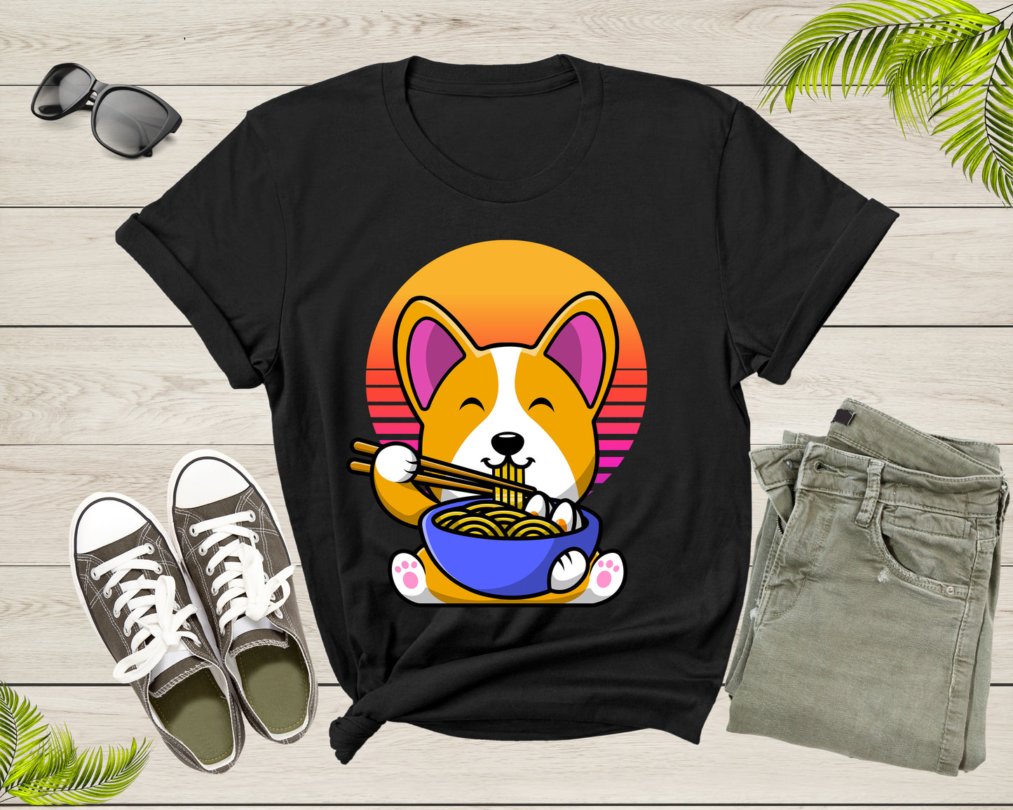 Cute Dog Mascot Eating Japanese Ramen Noodle Retro Sunset T-Shirt Ramen Lover Gift T Shirt for Men Women Kids Boys Girls Graphic Tshirt