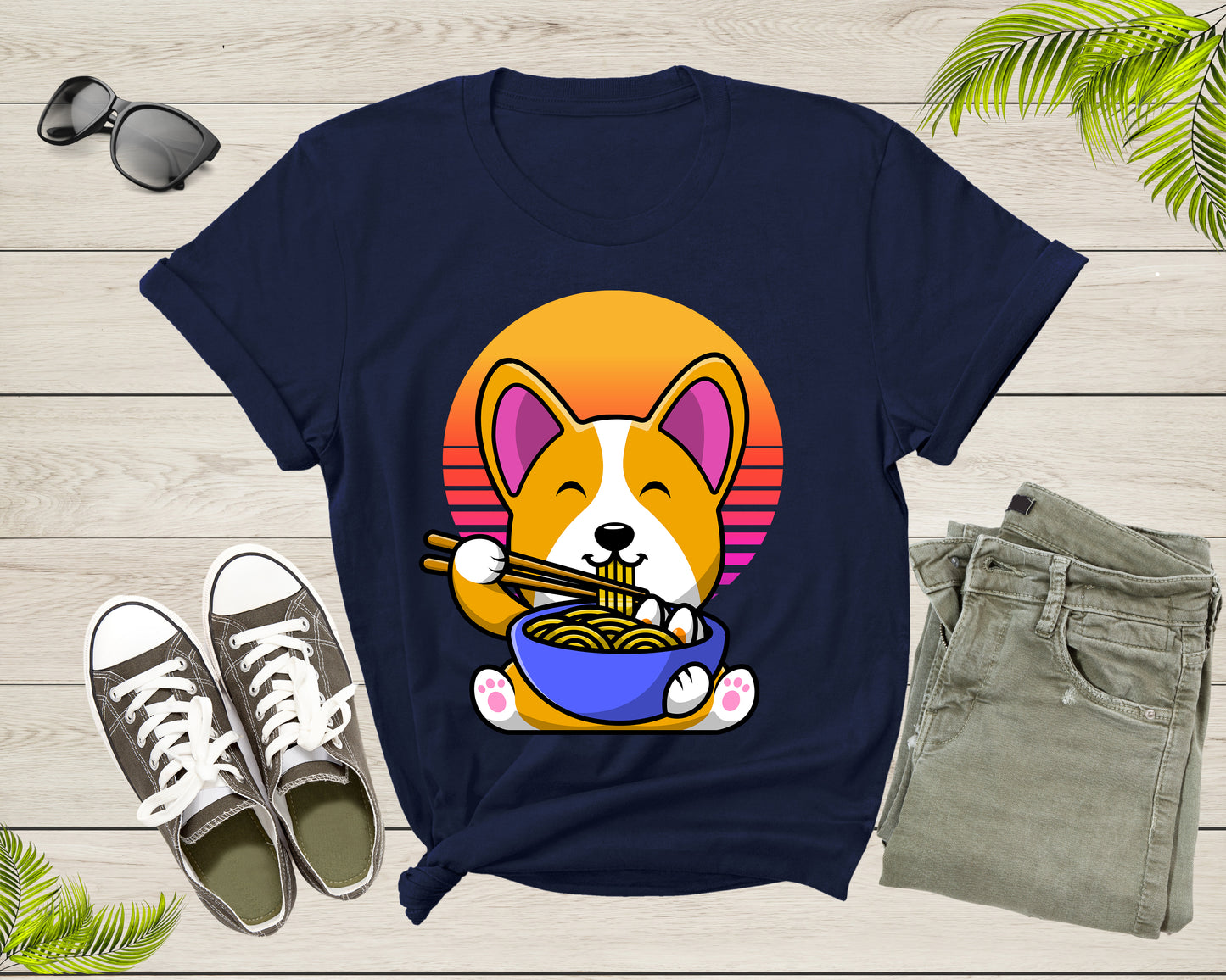 Cute Dog Mascot Eating Japanese Ramen Noodle Retro Sunset T-Shirt Ramen Lover Gift T Shirt for Men Women Kids Boys Girls Graphic Tshirt