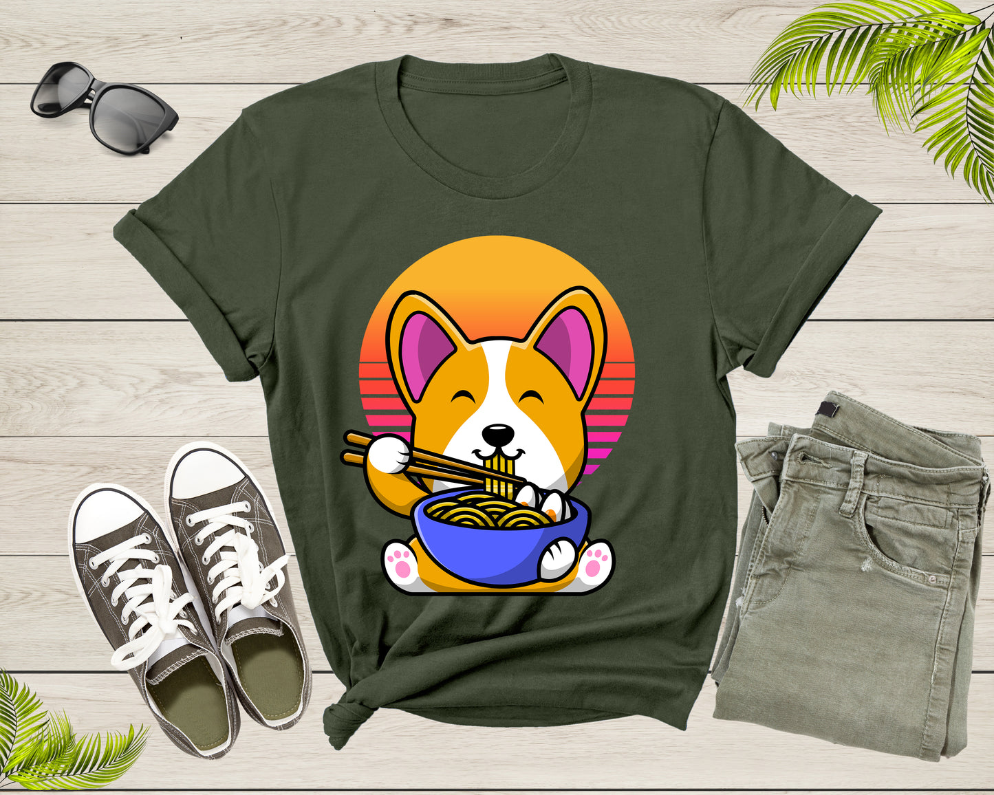 Cute Dog Mascot Eating Japanese Ramen Noodle Retro Sunset T-Shirt Ramen Lover Gift T Shirt for Men Women Kids Boys Girls Graphic Tshirt