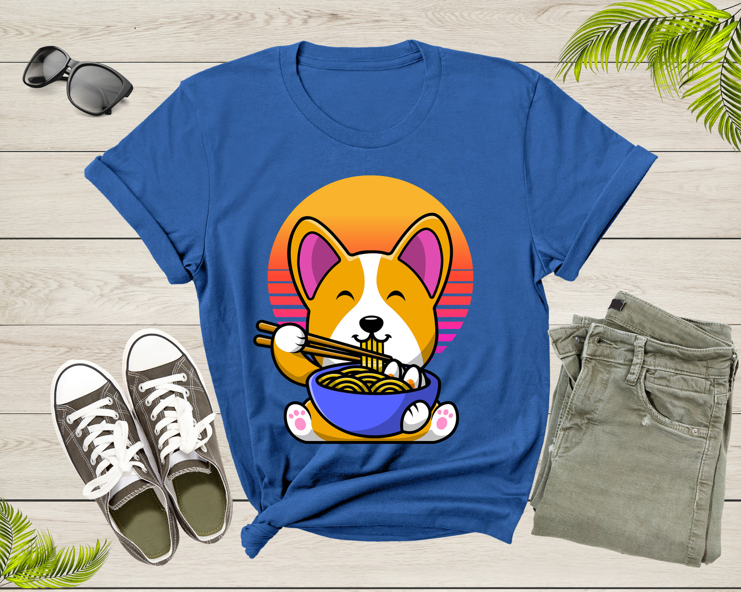 Cute Dog Mascot Eating Japanese Ramen Noodle Retro Sunset T-Shirt Ramen Lover Gift T Shirt for Men Women Kids Boys Girls Graphic Tshirt