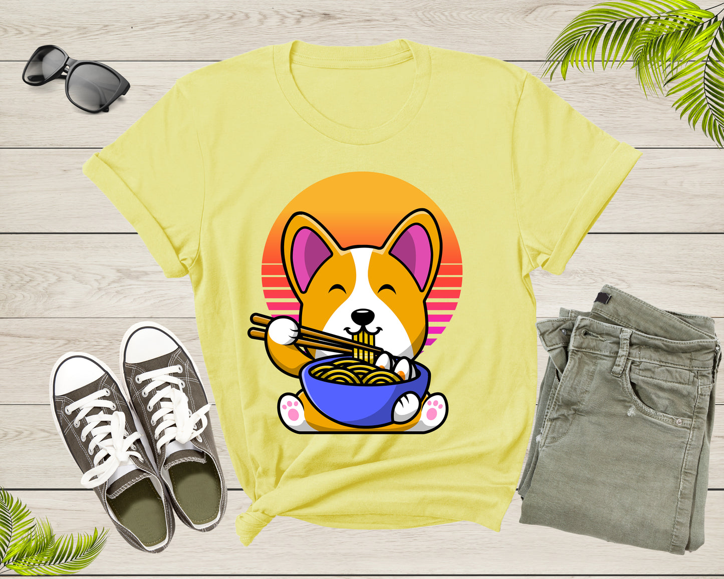 Cute Dog Mascot Eating Japanese Ramen Noodle Retro Sunset T-Shirt Ramen Lover Gift T Shirt for Men Women Kids Boys Girls Graphic Tshirt