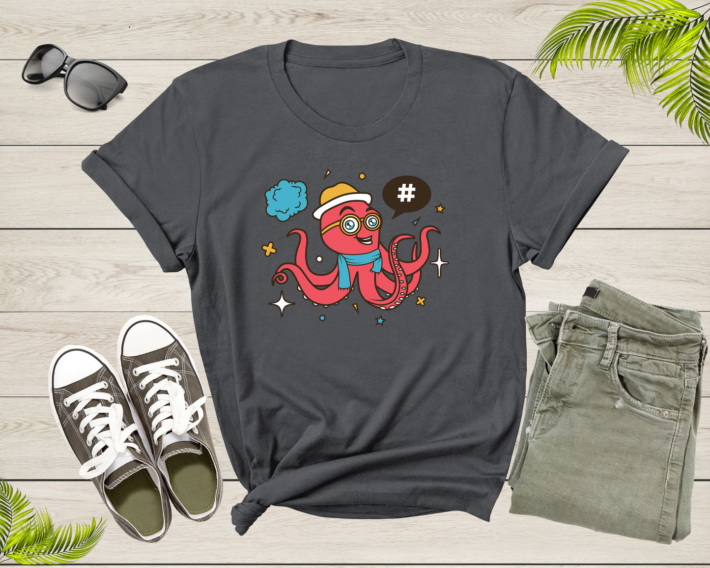 Cute Funky Hipster Cartoon Sea Ocean Octopus with Googles T-Shirt Octopus Lover Gift T Shirt for Men Women Kids Boys Girls Graphic Tshirt