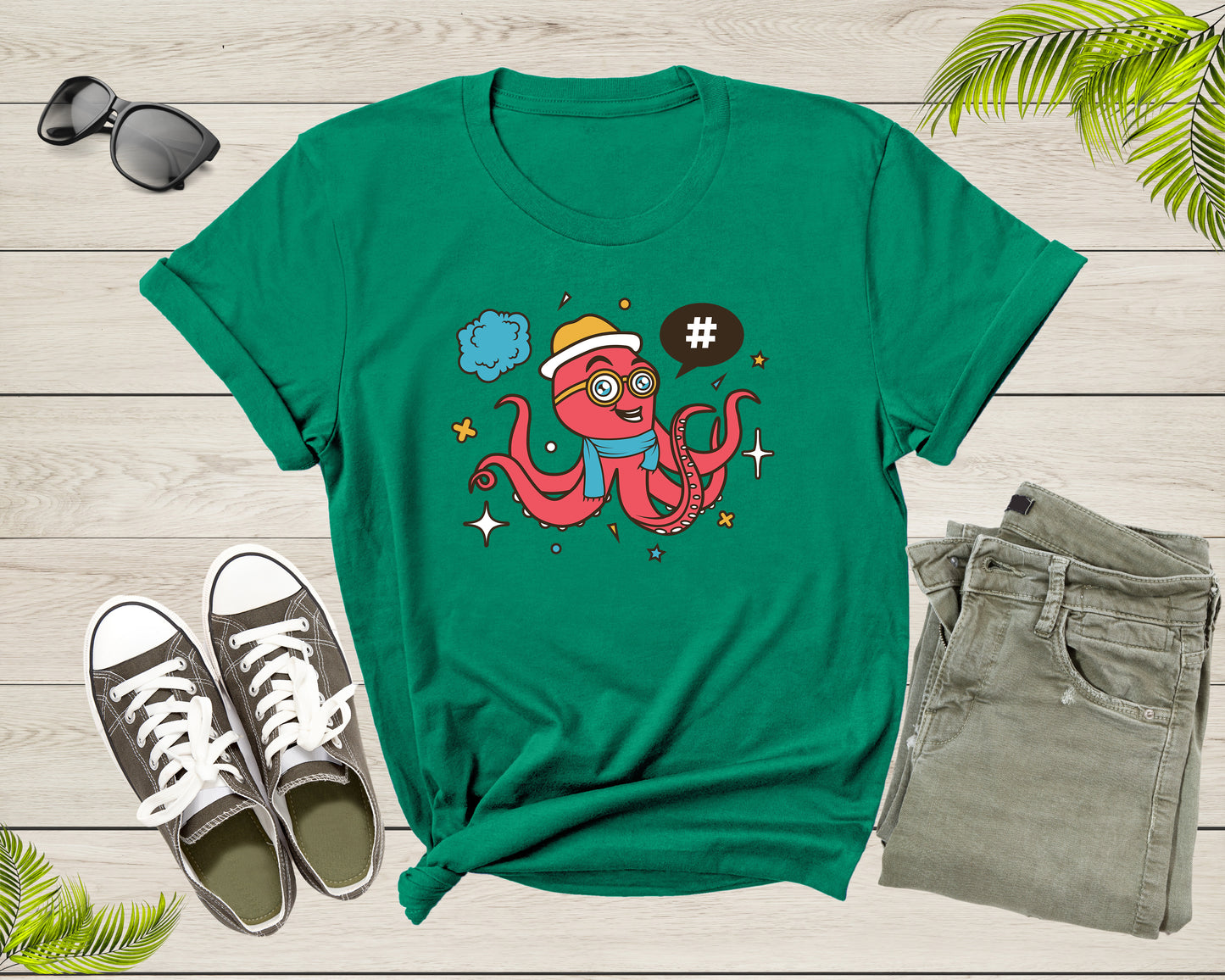 Cute Funky Hipster Cartoon Sea Ocean Octopus with Googles T-Shirt Octopus Lover Gift T Shirt for Men Women Kids Boys Girls Graphic Tshirt