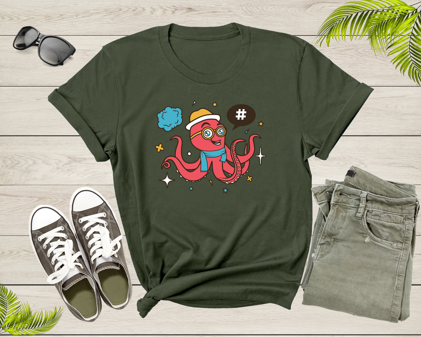 Cute Funky Hipster Cartoon Sea Ocean Octopus with Googles T-Shirt Octopus Lover Gift T Shirt for Men Women Kids Boys Girls Graphic Tshirt