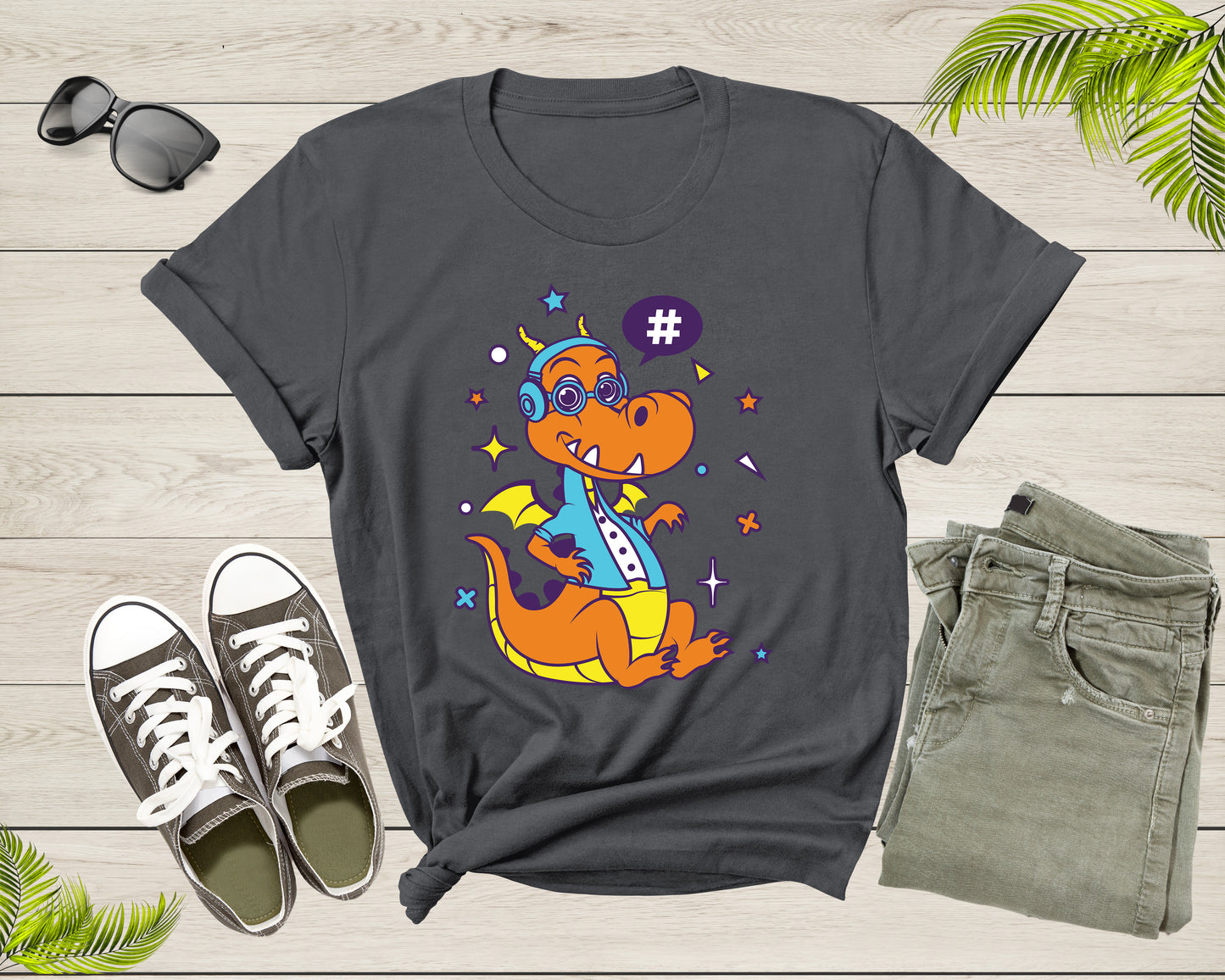 Cute Funky Hipster Space Dragon with Headset and Eye Glasses T-Shirt Dragon Lover Gift T Shirt for Men Women Kids Boys Girls Graphic Tshirt