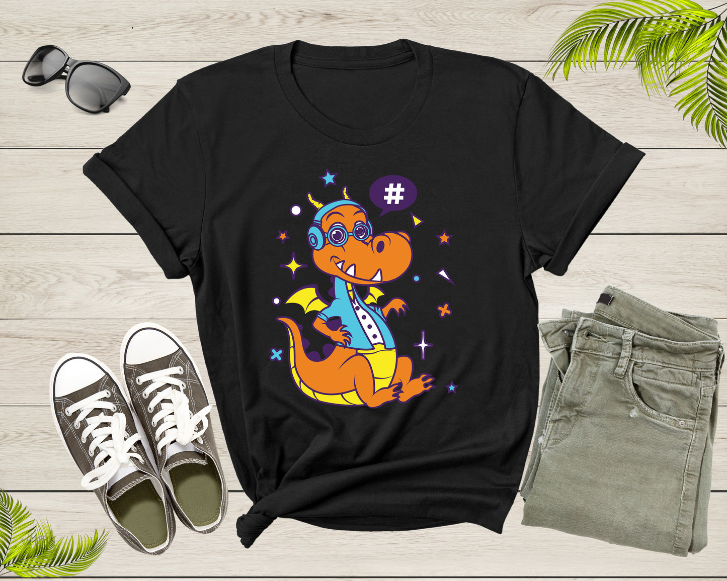 Cute Funky Hipster Space Dragon with Headset and Eye Glasses T-Shirt Dragon Lover Gift T Shirt for Men Women Kids Boys Girls Graphic Tshirt