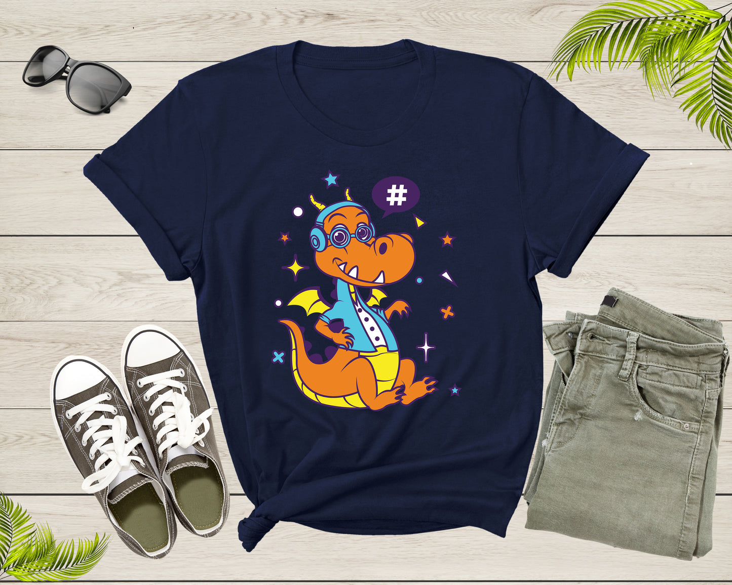 Cute Funky Hipster Space Dragon with Headset and Eye Glasses T-Shirt Dragon Lover Gift T Shirt for Men Women Kids Boys Girls Graphic Tshirt