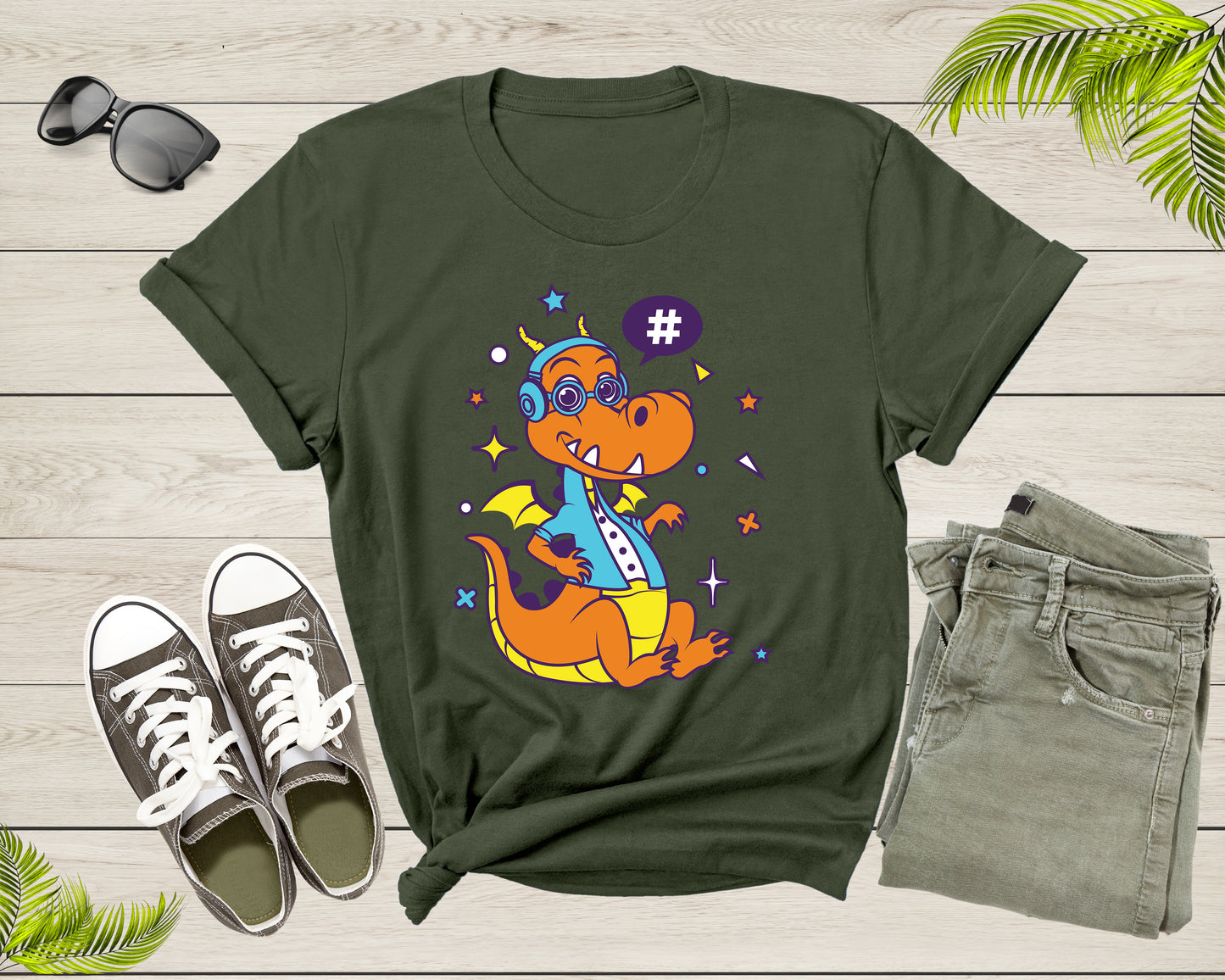 Cute Funky Hipster Space Dragon with Headset and Eye Glasses T-Shirt Dragon Lover Gift T Shirt for Men Women Kids Boys Girls Graphic Tshirt