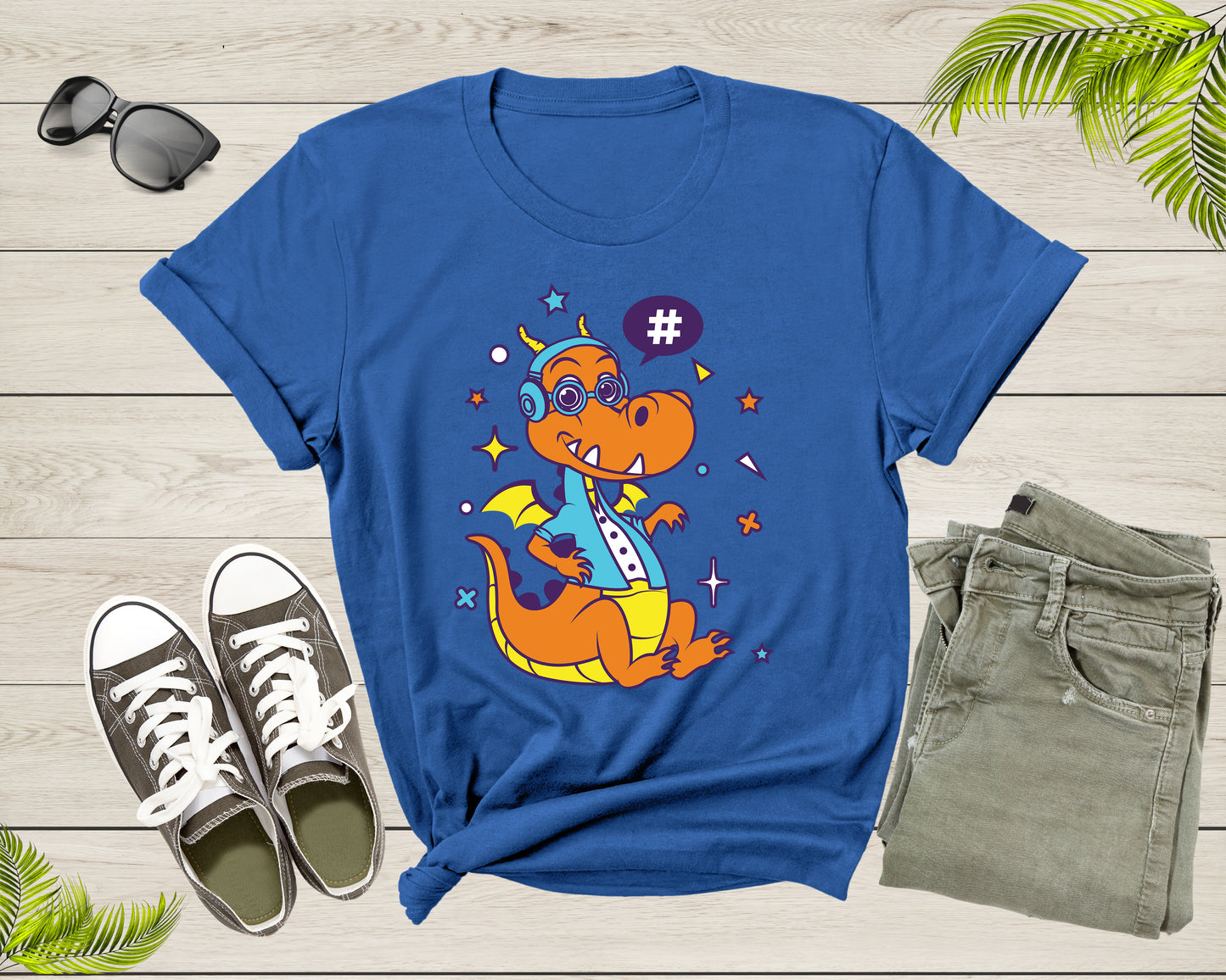 Cute Funky Hipster Space Dragon with Headset and Eye Glasses T-Shirt Dragon Lover Gift T Shirt for Men Women Kids Boys Girls Graphic Tshirt