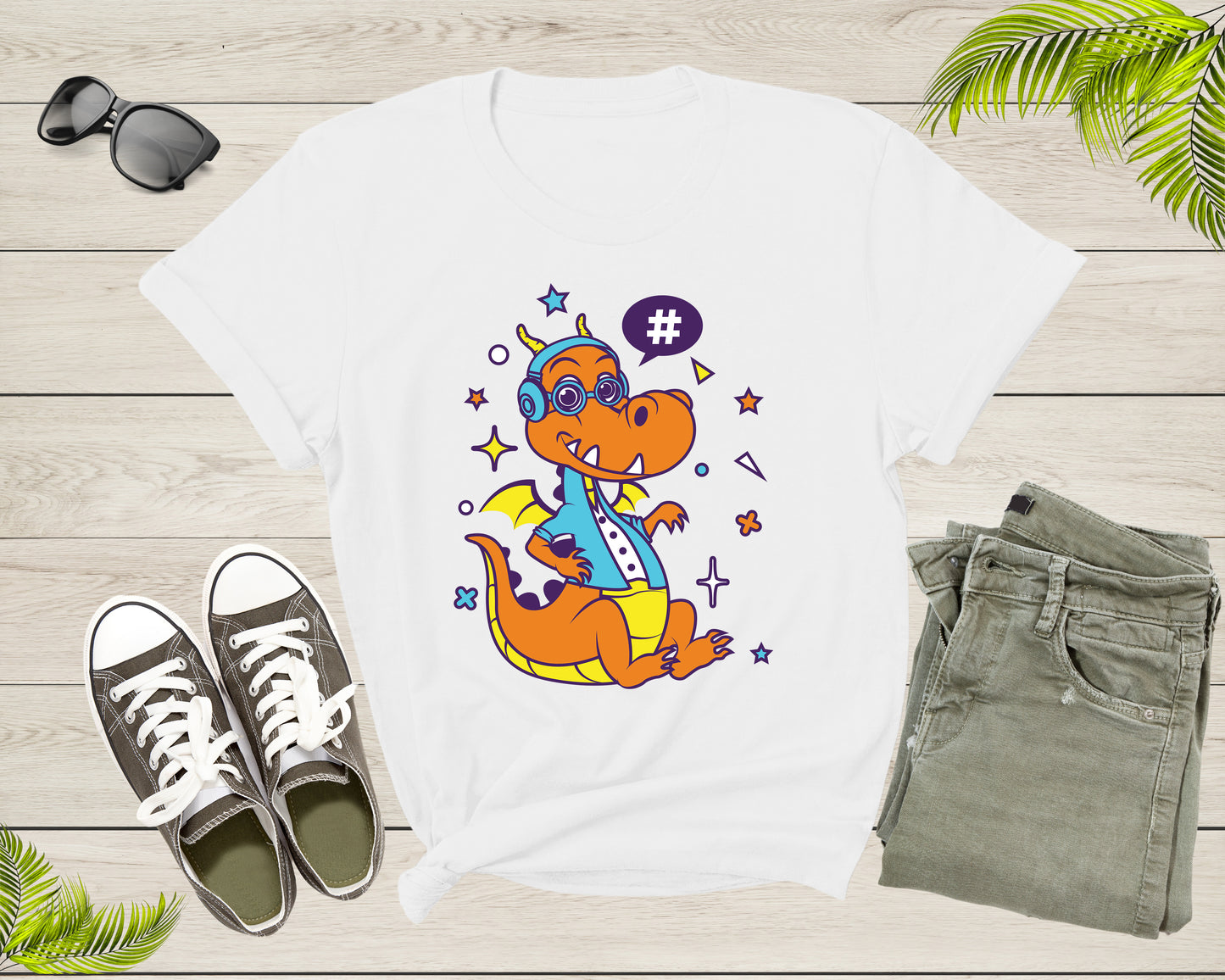Cute Funky Hipster Space Dragon with Headset and Eye Glasses T-Shirt Dragon Lover Gift T Shirt for Men Women Kids Boys Girls Graphic Tshirt