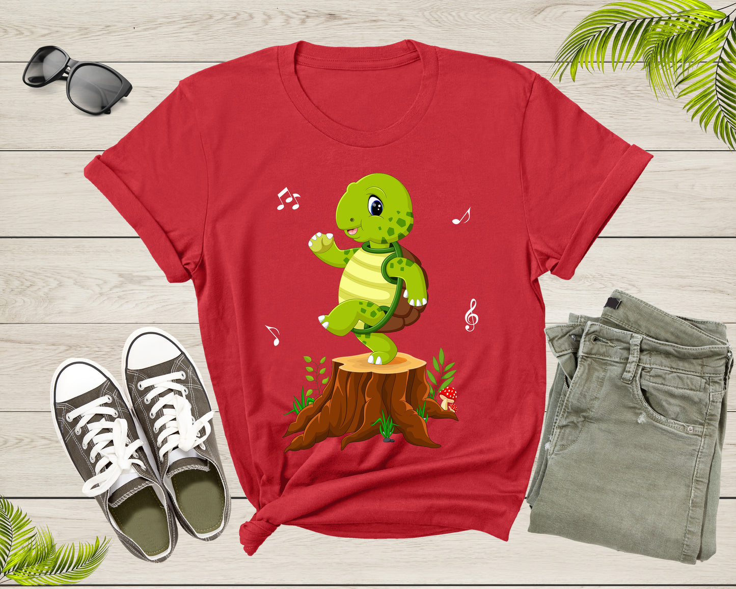 Cute Funny Green Dancing Turtle Tortoise on Brown Tree Root T-Shirt Turtle Lover Gift T Shirt for Men Women Kids Boys Girls Graphic Tshirt