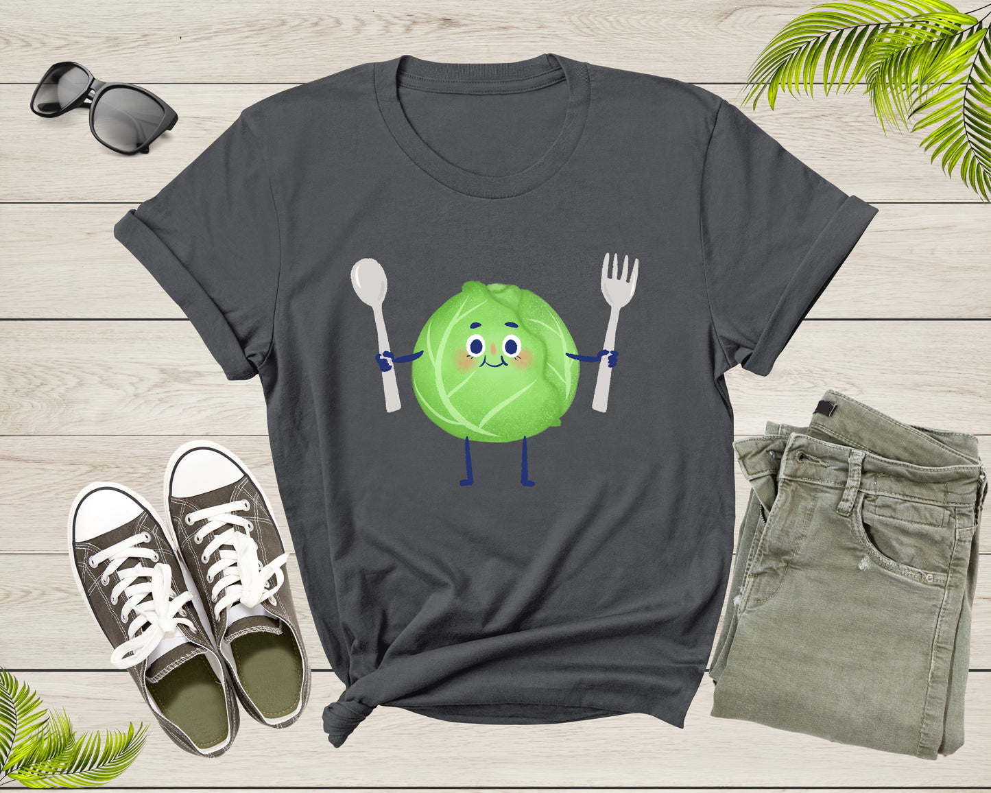 Cute Green Cabbage Vegetable Holding Fork and Spoon Standing T-Shirt Cabbage Lover Gift T Shirt for Men Women Kids Boys Girls Graphic Tshirt