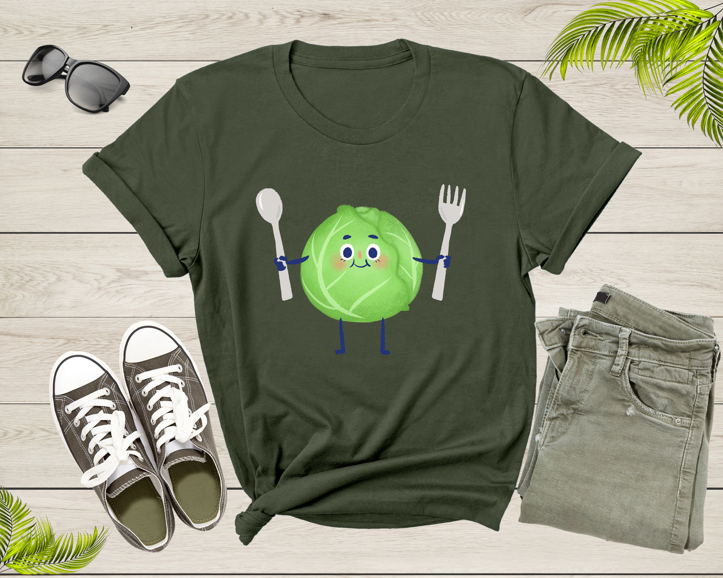 Cute Green Cabbage Vegetable Holding Fork and Spoon Standing T-Shirt Cabbage Lover Gift T Shirt for Men Women Kids Boys Girls Graphic Tshirt