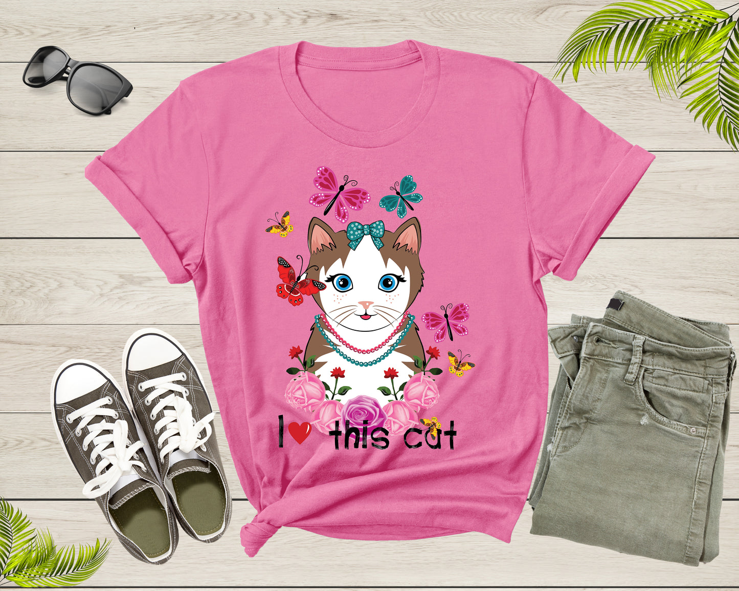 Cute I Love This Cat Butterflies and Roses for Women Girls T-Shirt Cat Lover Gift T Shirt for Men Women Kids Boys Girls Graphic Tshirt