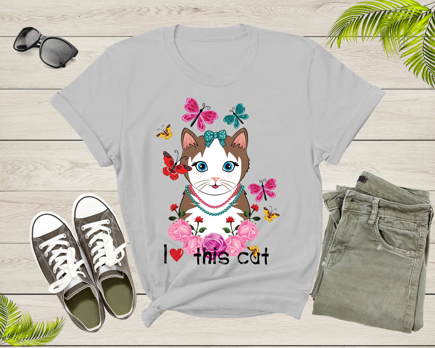 Cute I Love This Cat Butterflies and Roses for Women Girls T-Shirt Cat Lover Gift T Shirt for Men Women Kids Boys Girls Graphic Tshirt
