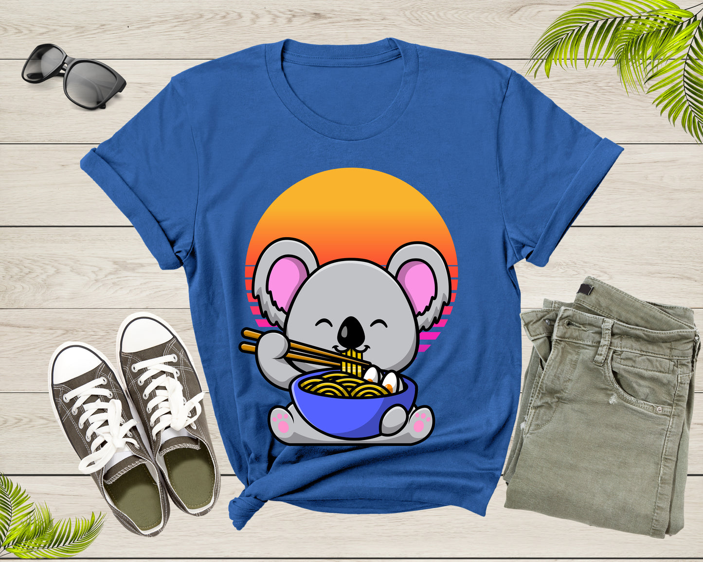 Cute Koala Mascot Eating Japanese Ramen Noodle Retro Sunset T-Shirt Koala Lover Gift T Shirt for Men Women Kids Boys Girls Graphic Tshirt